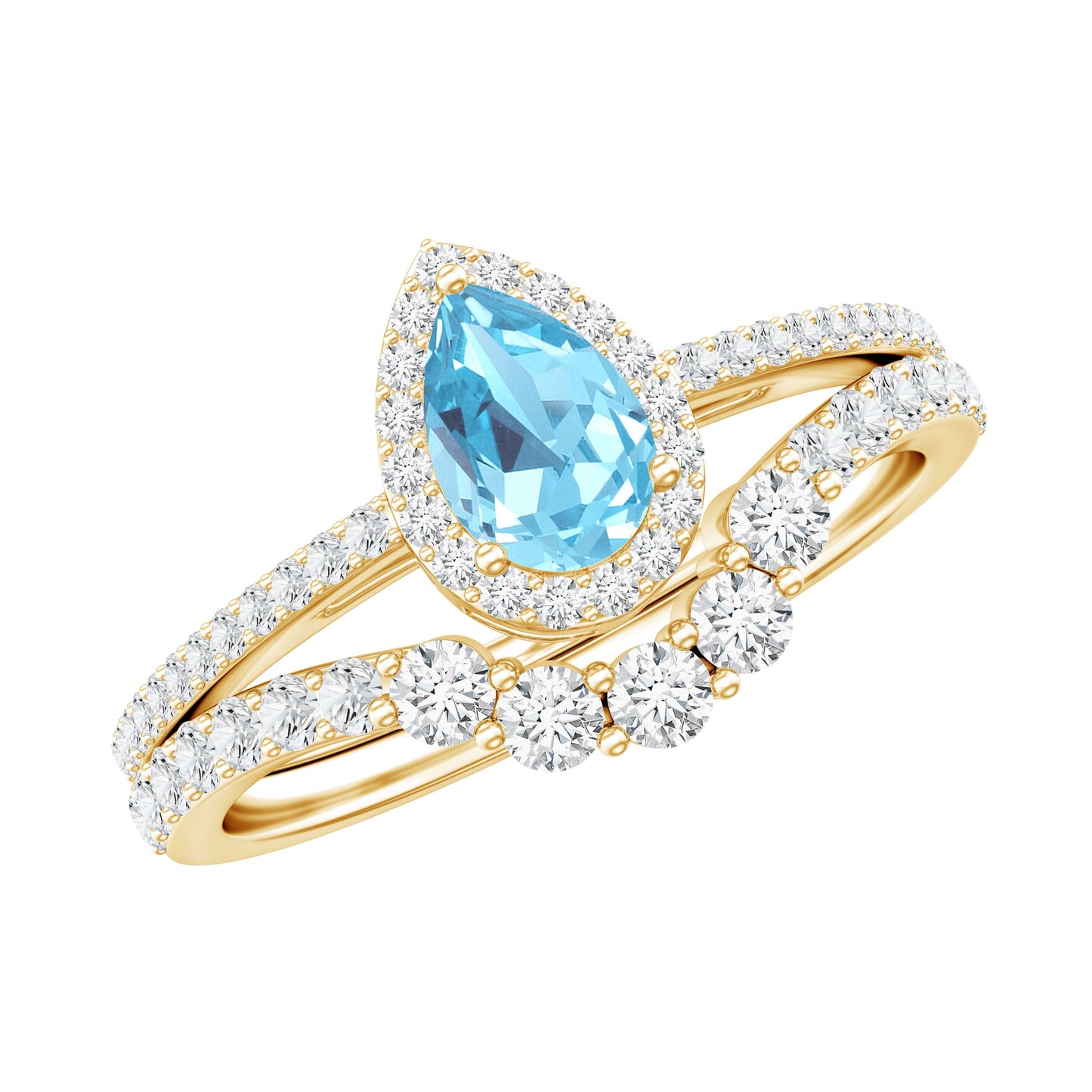 Genuine Aquamarine Teardrop Bridal Ring Set with Diamond Halo