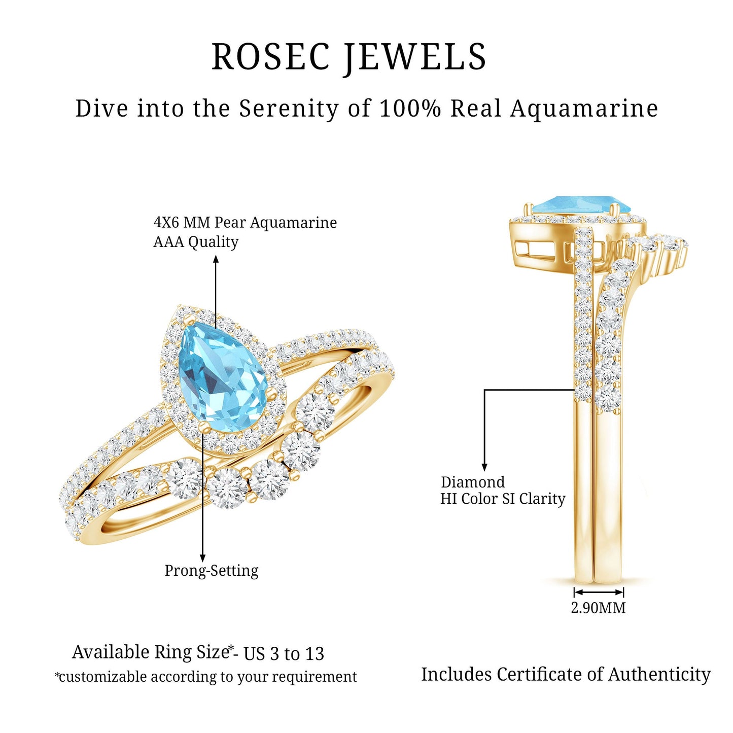 Genuine Aquamarine Teardrop Bridal Ring Set with Diamond Halo