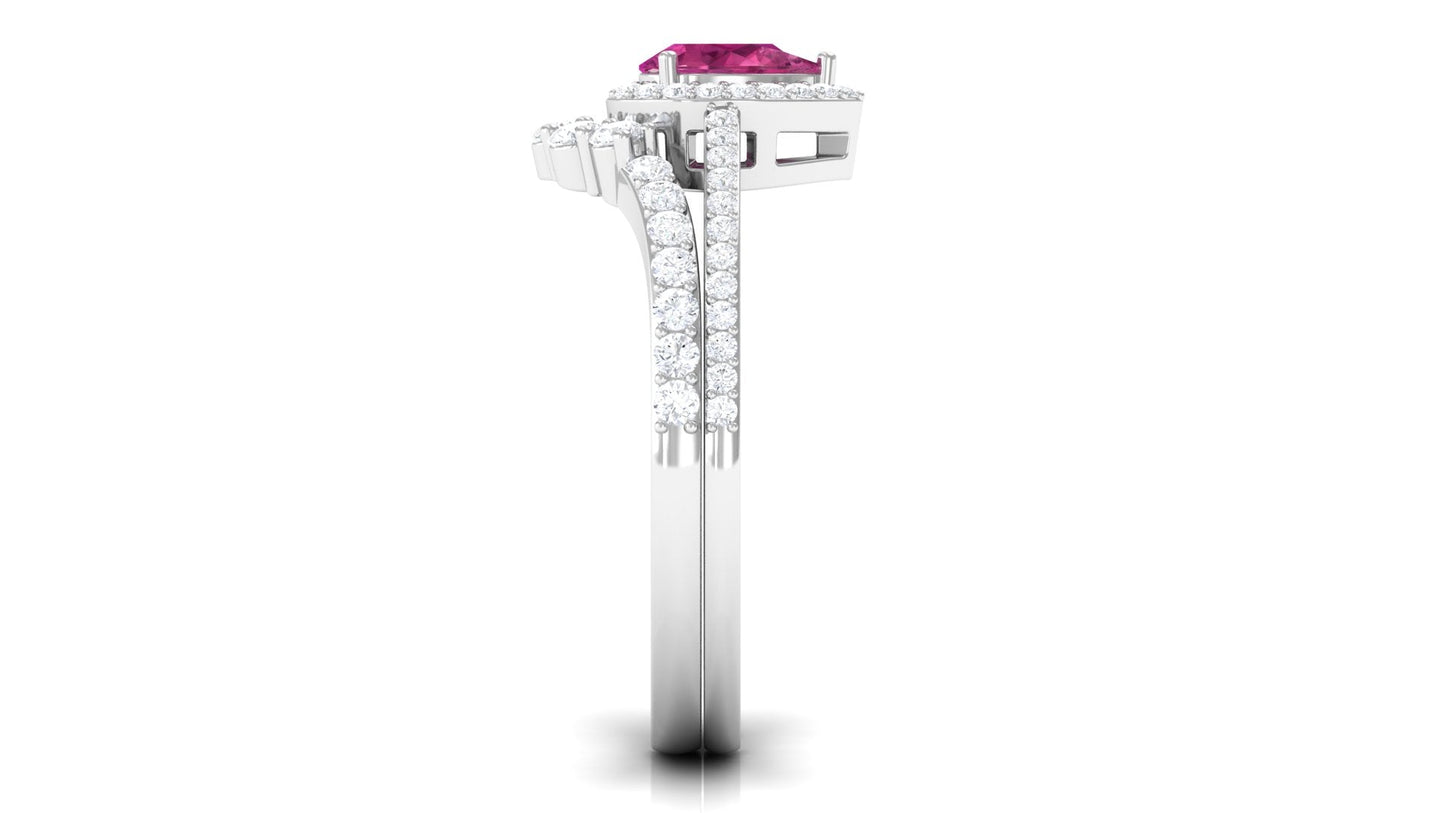 Pink tourmaline Designer Teardrop Ring Set with Moissanite Halo
