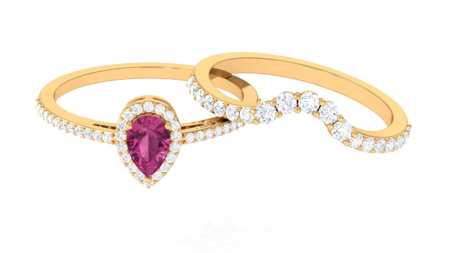 Pink tourmaline Designer Teardrop Ring Set with Moissanite Halo