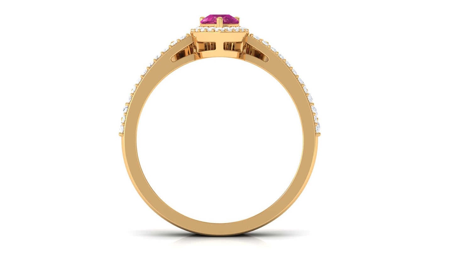 Pink tourmaline Designer Teardrop Ring Set with Moissanite Halo