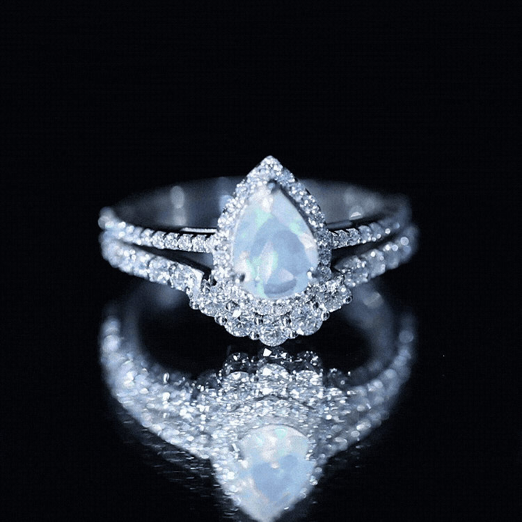 Certified 0.7 Carat Natural Ethiopian Opal Teardrop Wedding Engagement Ring Set of 2