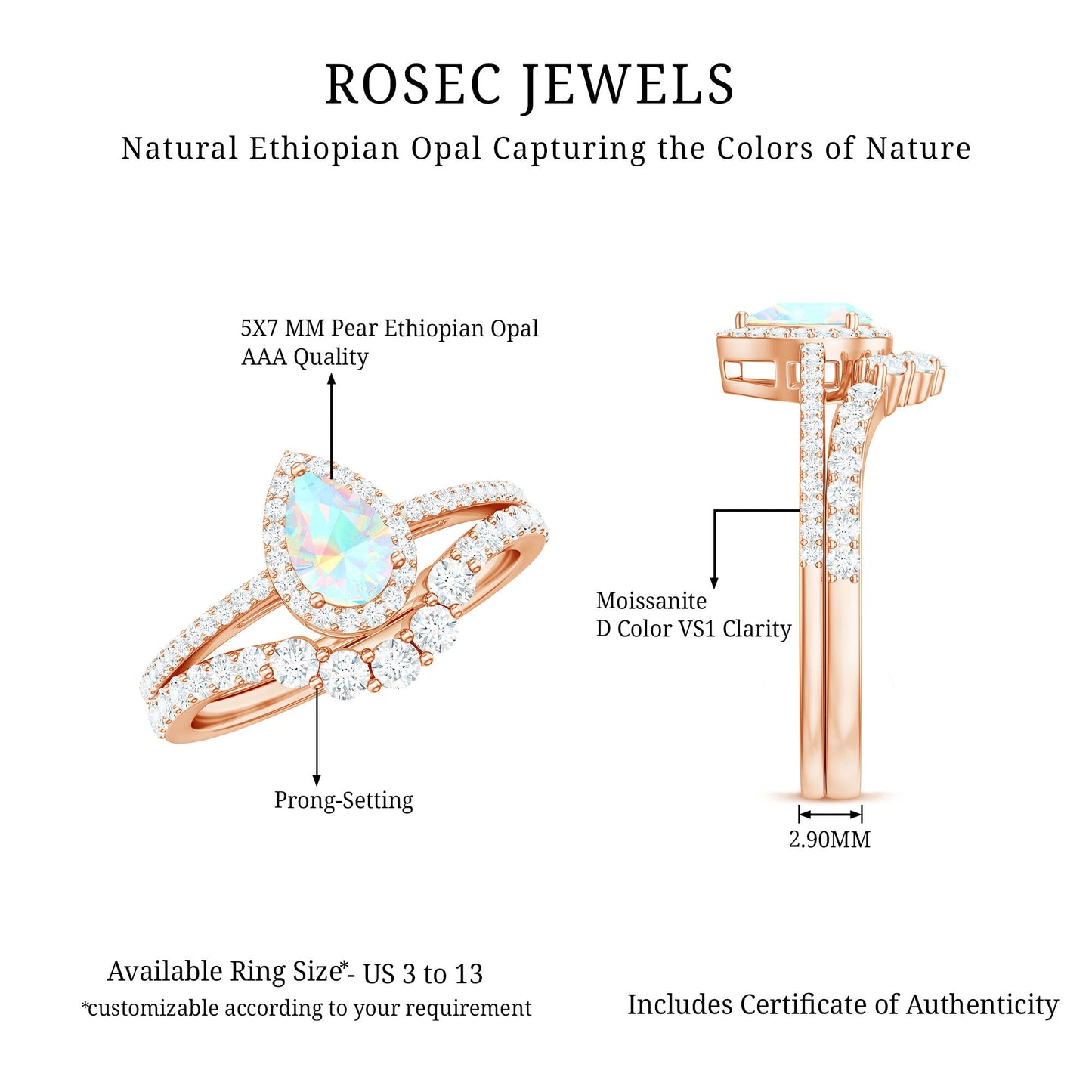 Certified 0.7 Carat Natural Ethiopian Opal Teardrop Wedding Engagement Ring Set of 2