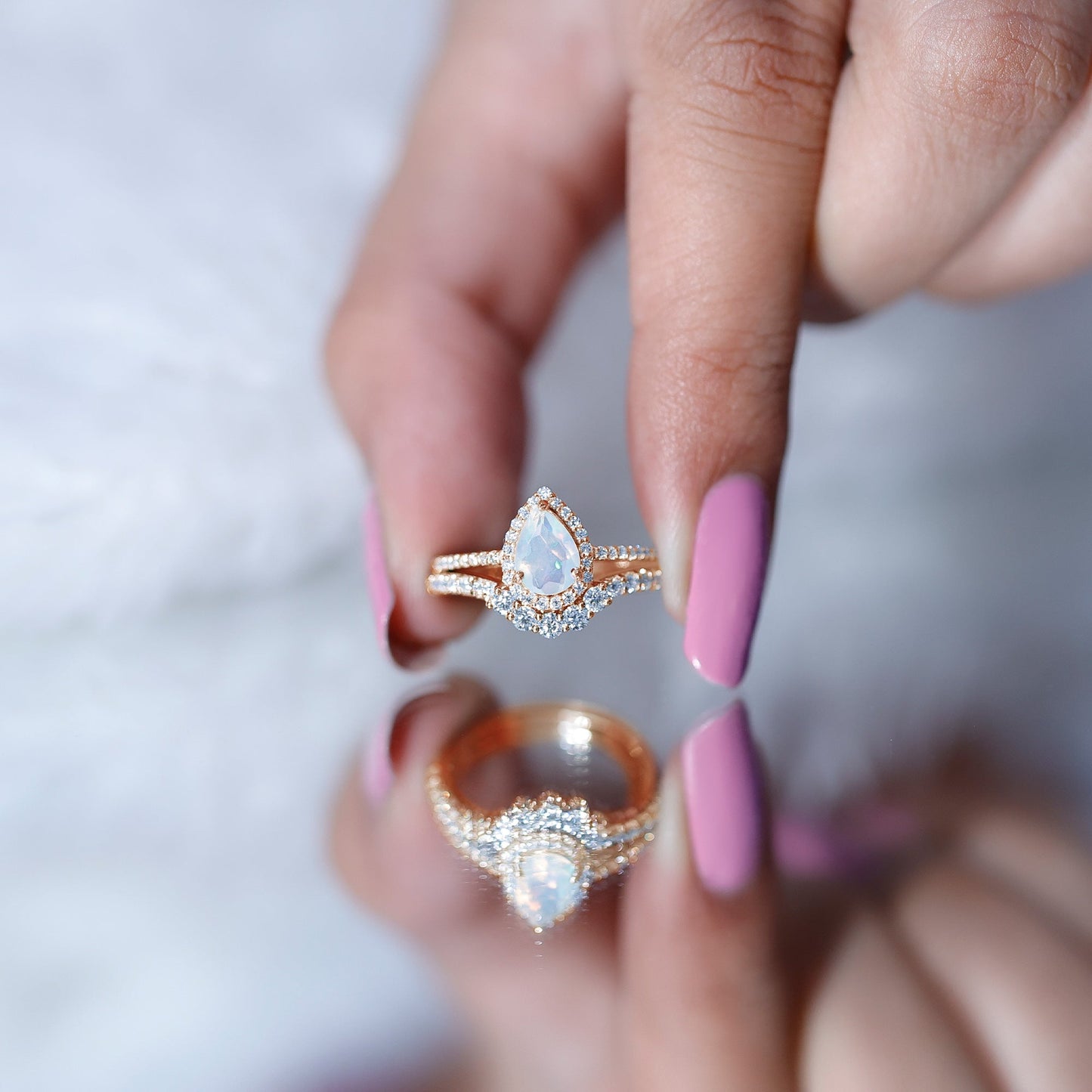 Certified 0.7 Carat Natural Ethiopian Opal Teardrop Wedding Engagement Ring Set of 2