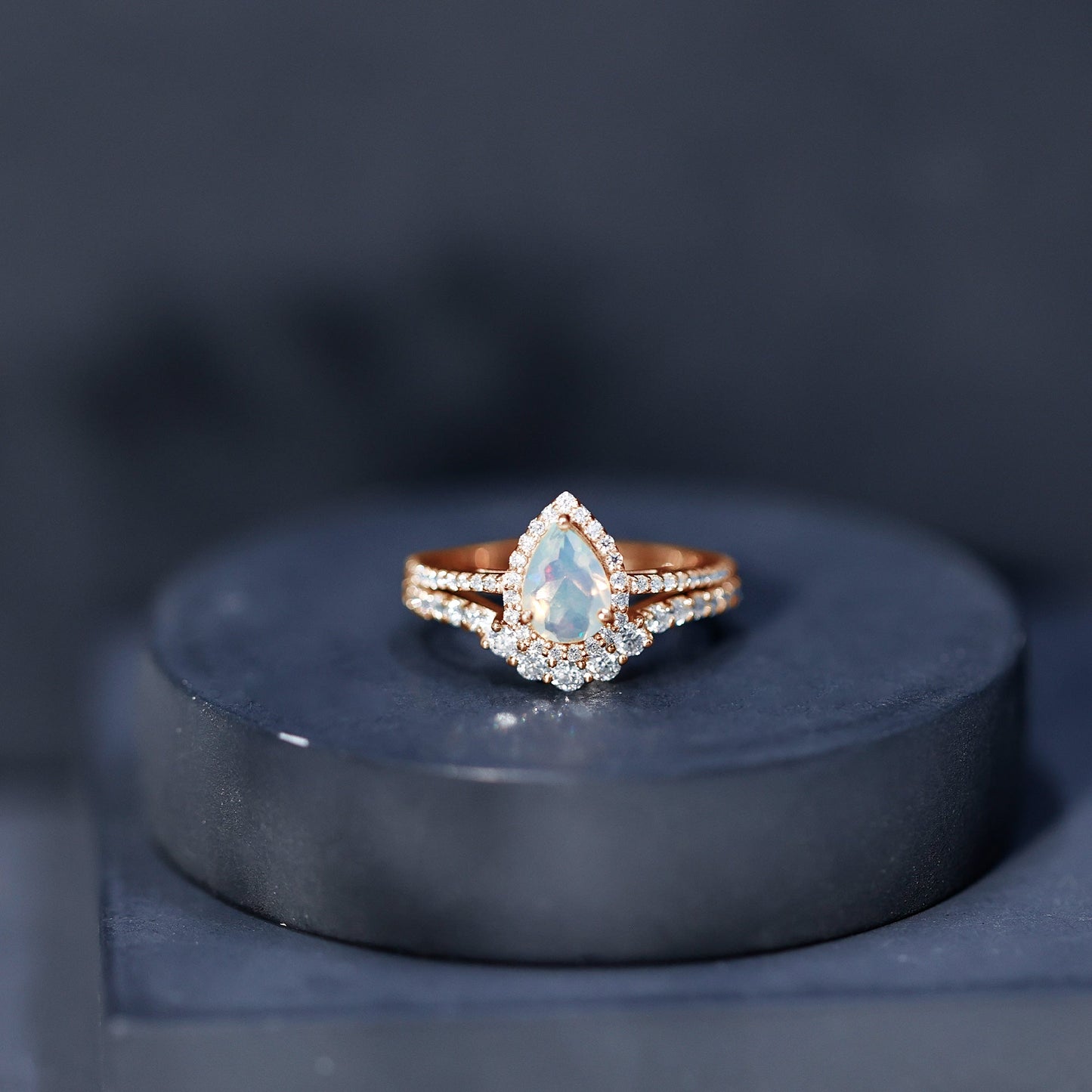 Certified 0.7 Carat Natural Ethiopian Opal Teardrop Wedding Engagement Ring Set of 2
