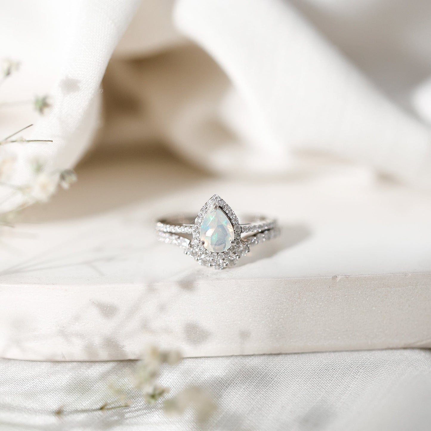 Certified 0.7 Carat Natural Ethiopian Opal Teardrop Wedding Engagement Ring Set of 2