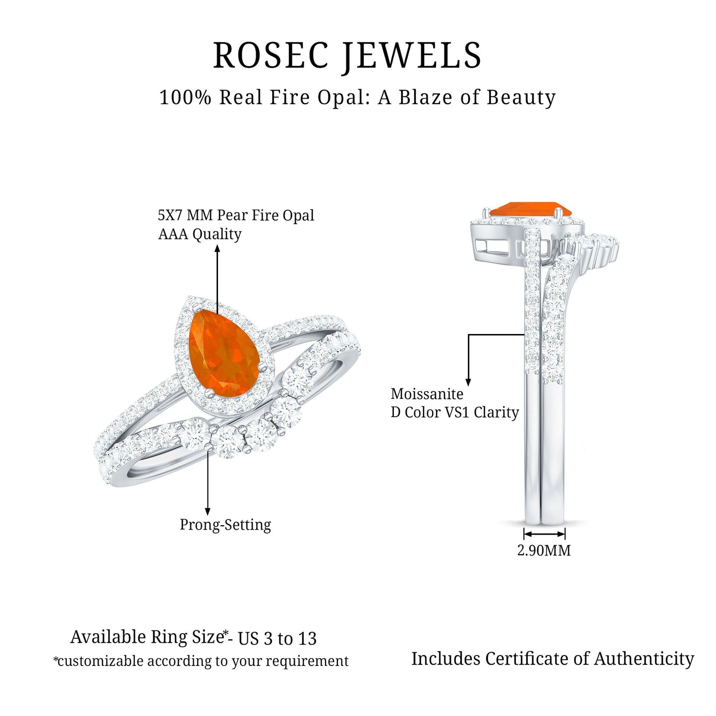 Fire Opal Designer Teardrop Ring Set with Moissanite Halo