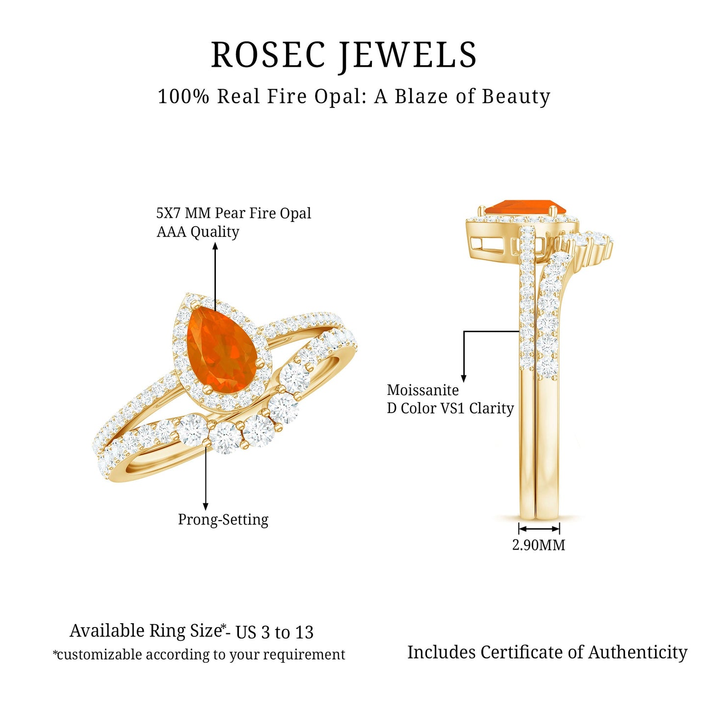 Fire Opal Designer Teardrop Ring Set with Moissanite Halo