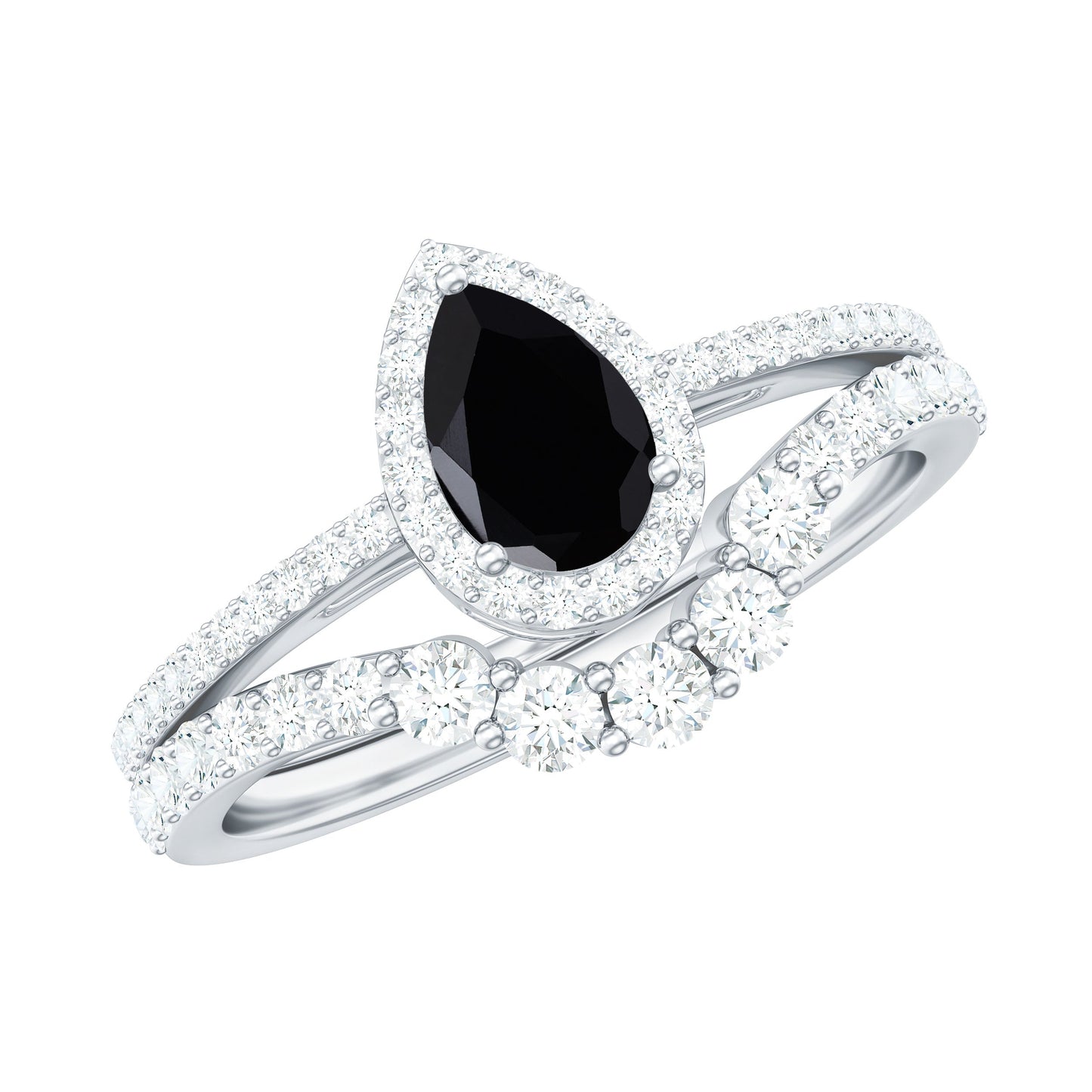 Natural Black Spinel Pear Shaped Engagement Ring with Moissanite Enhancer