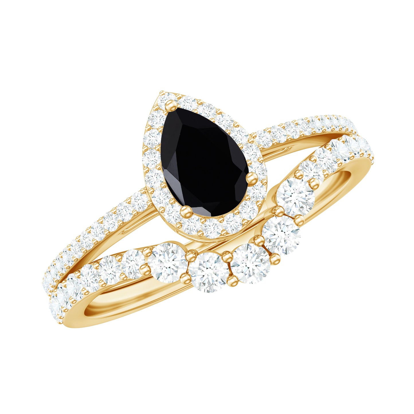Natural Black Spinel Pear Shaped Engagement Ring with Moissanite Enhancer