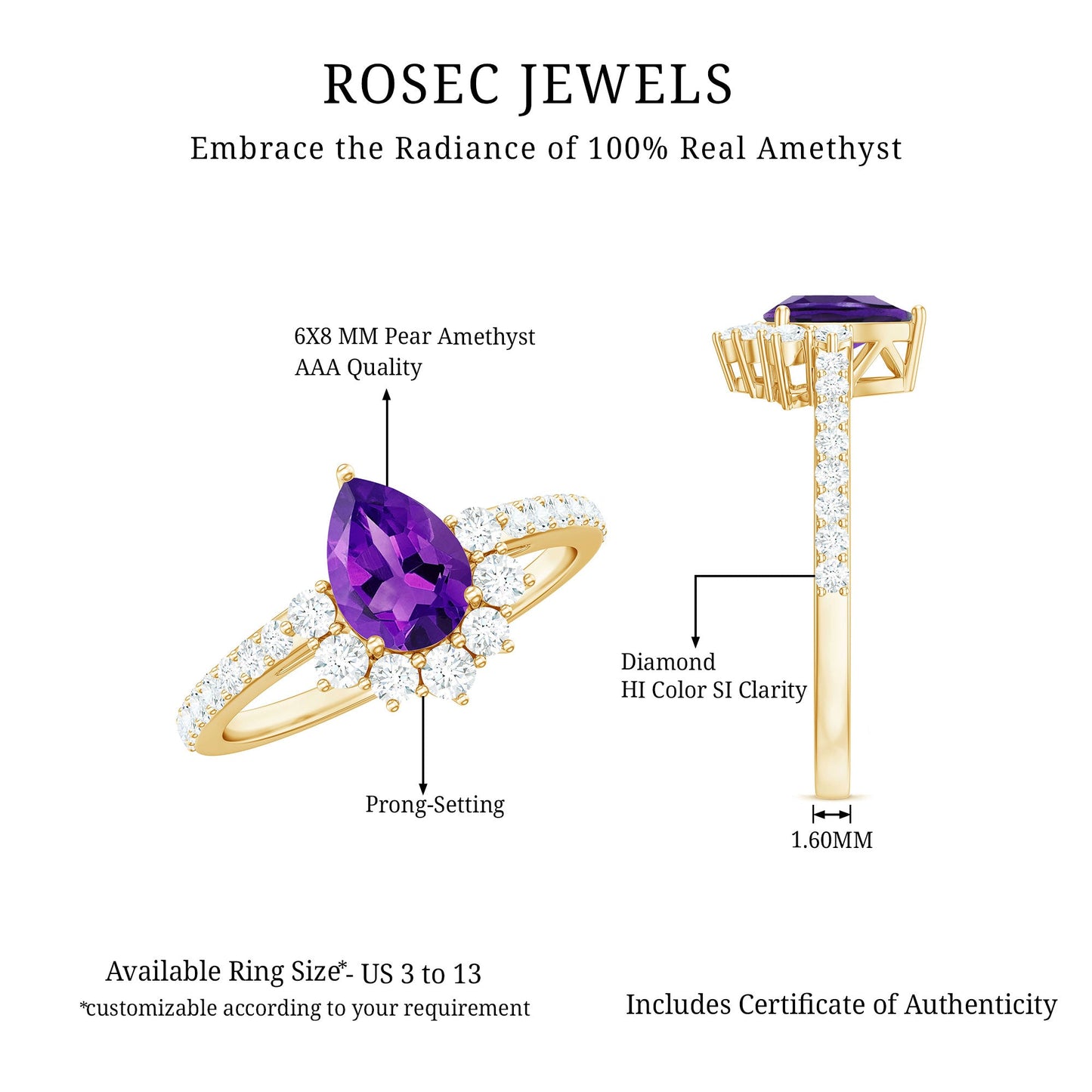 1 Carat Amethyst Pear Shaped Engagement Ring with Diamond