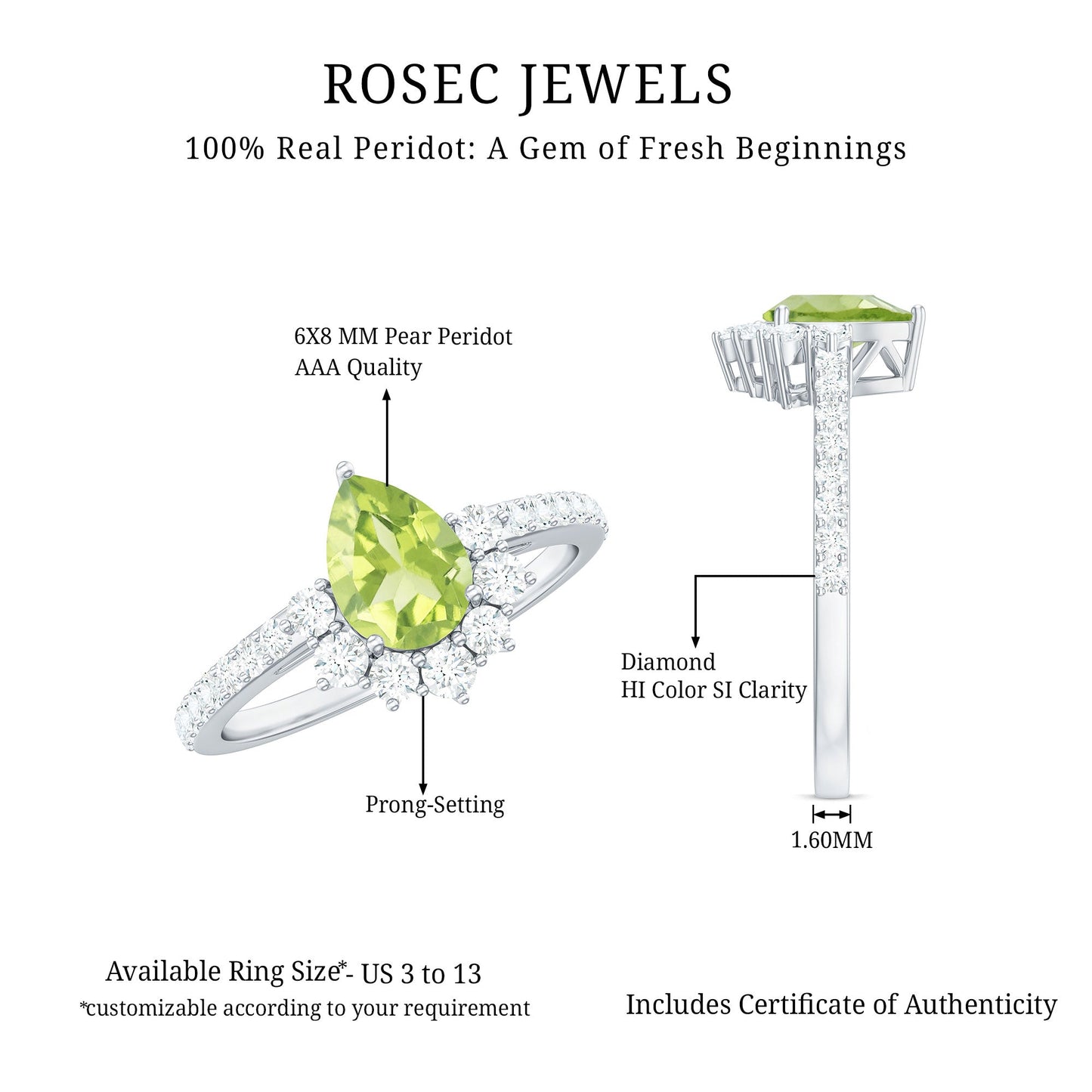 Natural 1 Carat Peridot Teardrop Engagement Ring with Diamond Half Halo