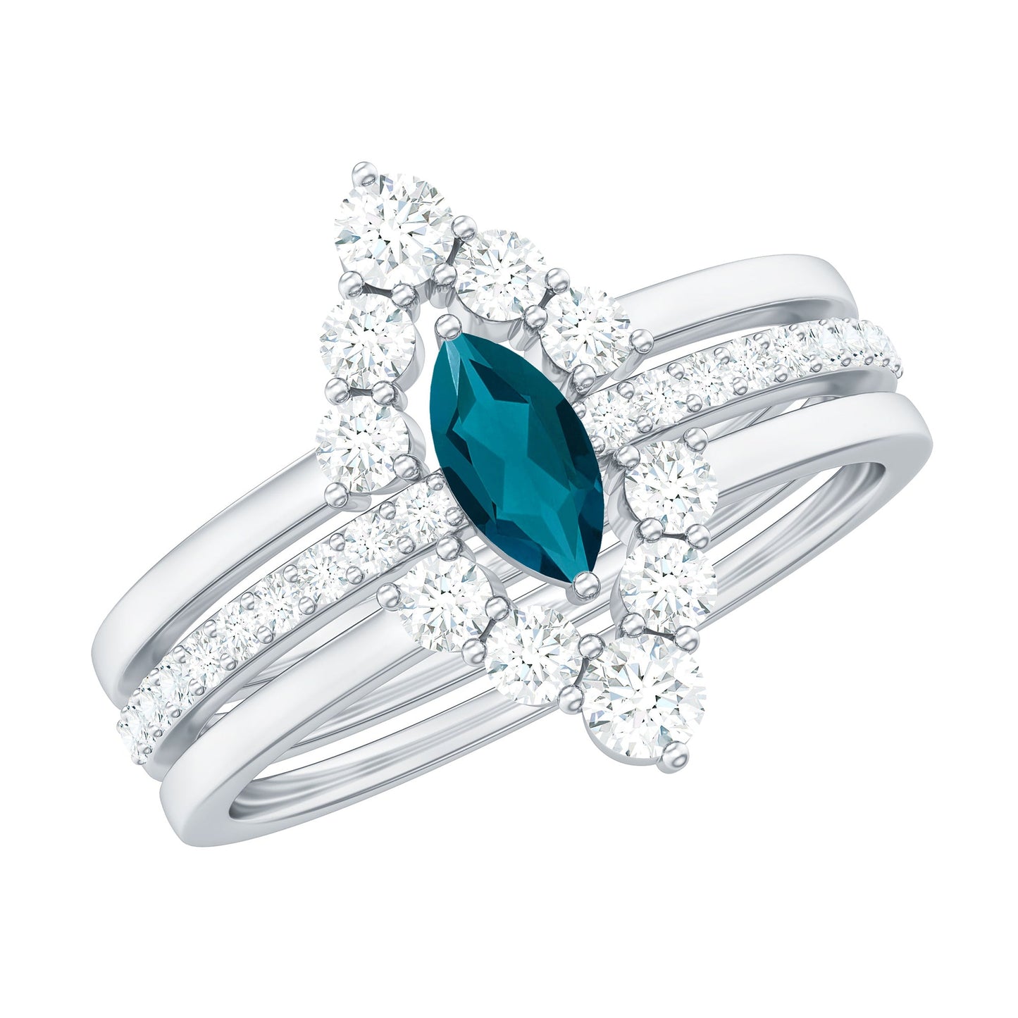 Marquise London Blue Topaz Bridal Ring Set with 2 Diamond Ring Guards