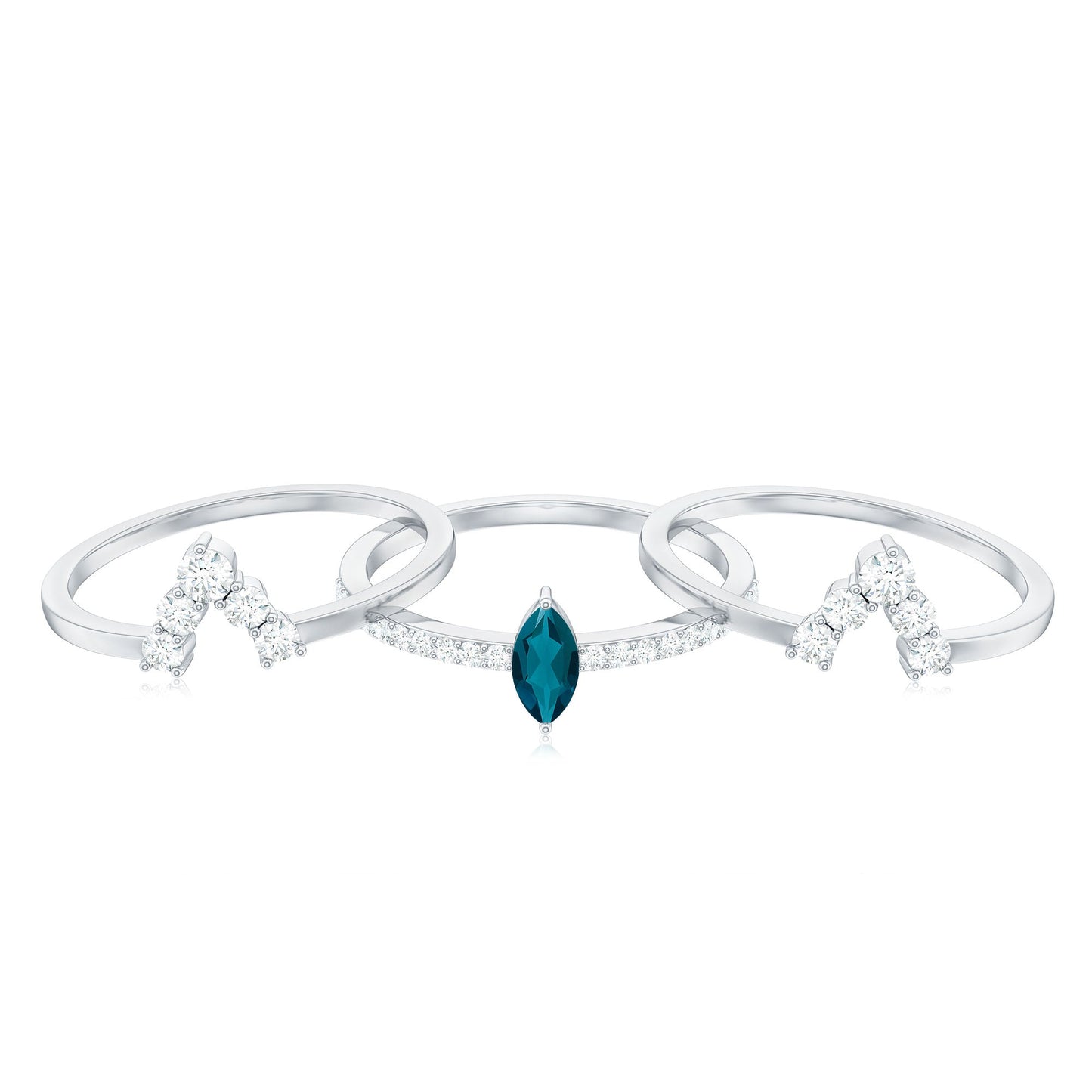 Marquise London Blue Topaz Bridal Ring Set with 2 Diamond Ring Guards