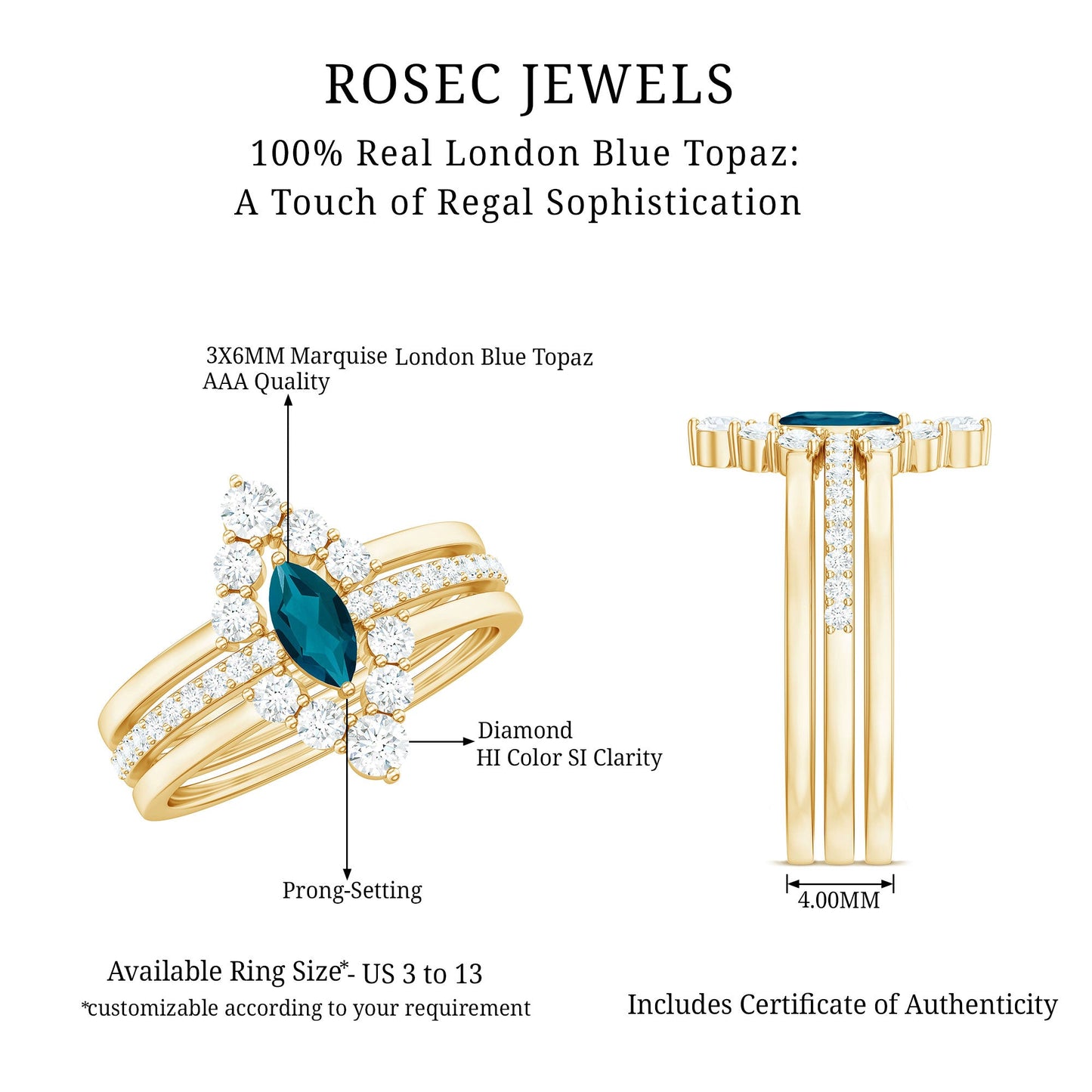 Marquise London Blue Topaz Bridal Ring Set with 2 Diamond Ring Guards
