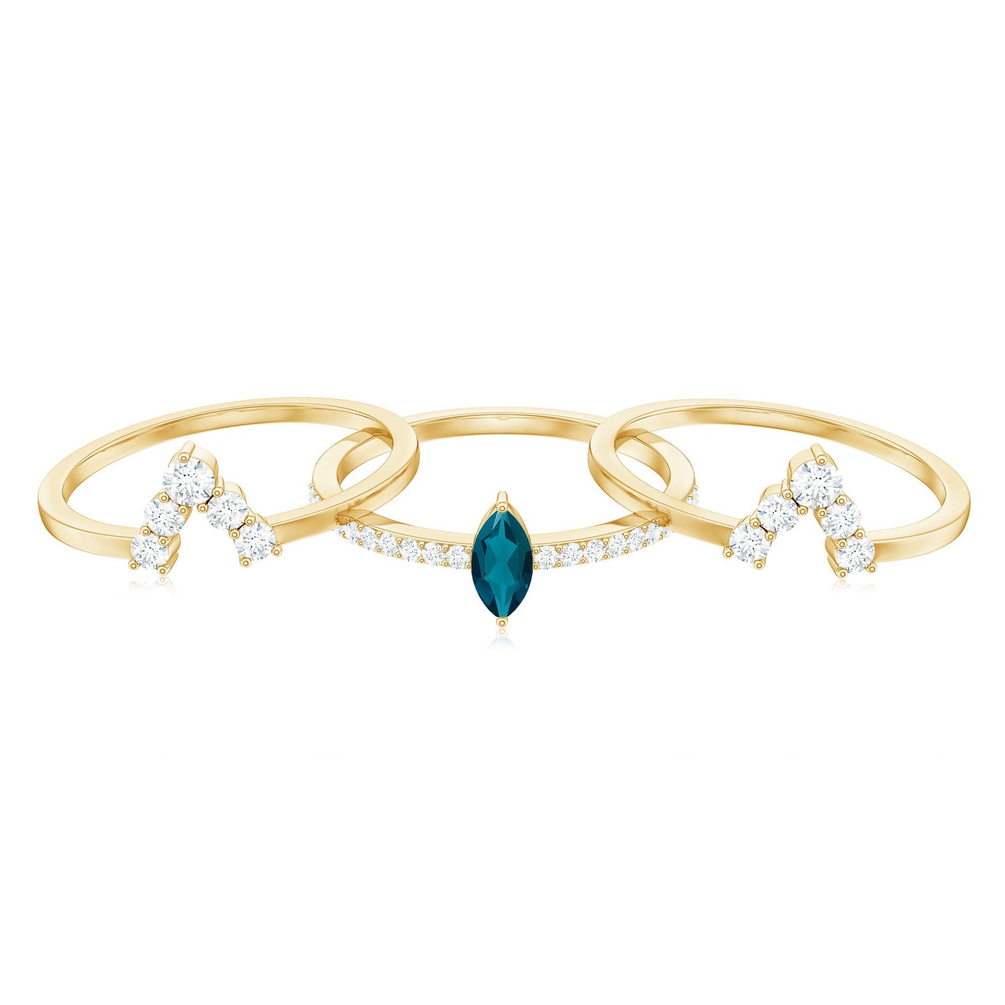 Marquise London Blue Topaz Bridal Ring Set with 2 Diamond Ring Guards