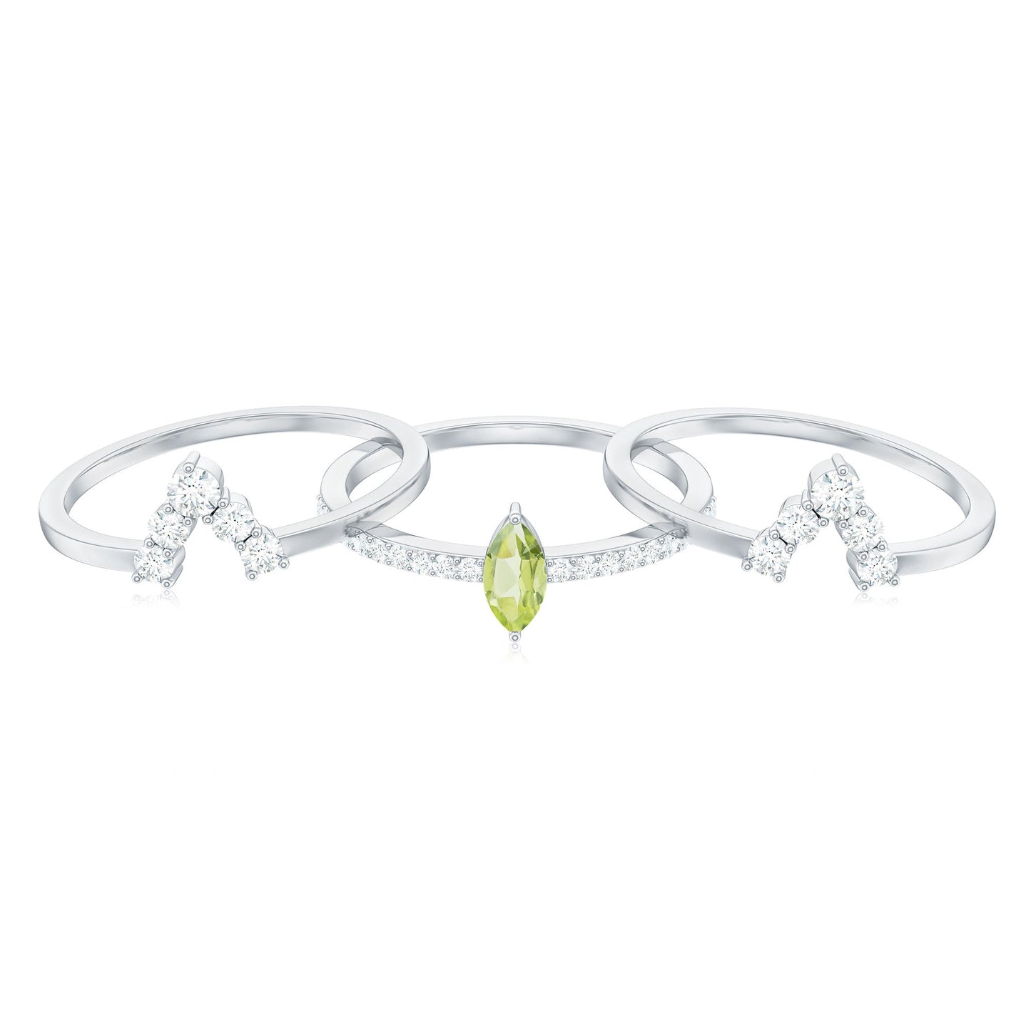 Marquise Cut Peridot Solitaire Trio Ring Set with Moissanite