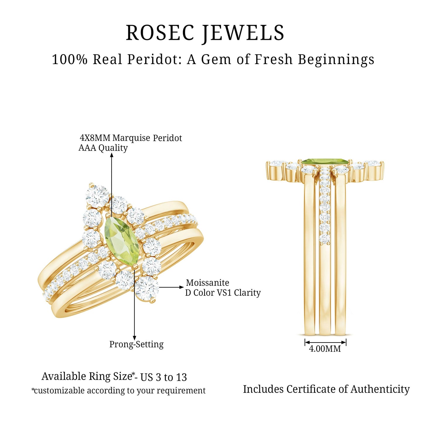 Marquise Cut Peridot Solitaire Trio Ring Set with Moissanite