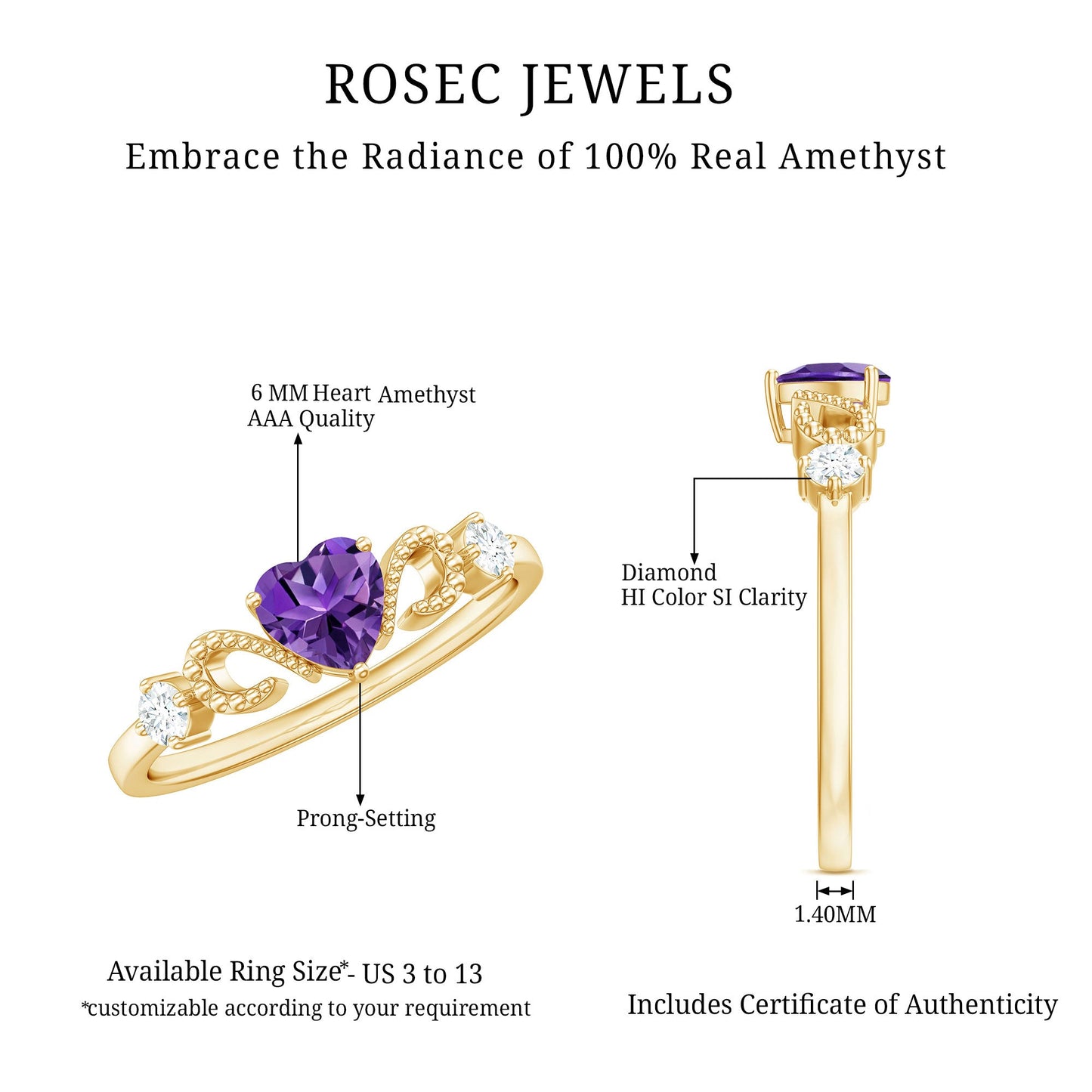 Natural 0.9 Carat Amethyst Heart Promise Ring with Diamond