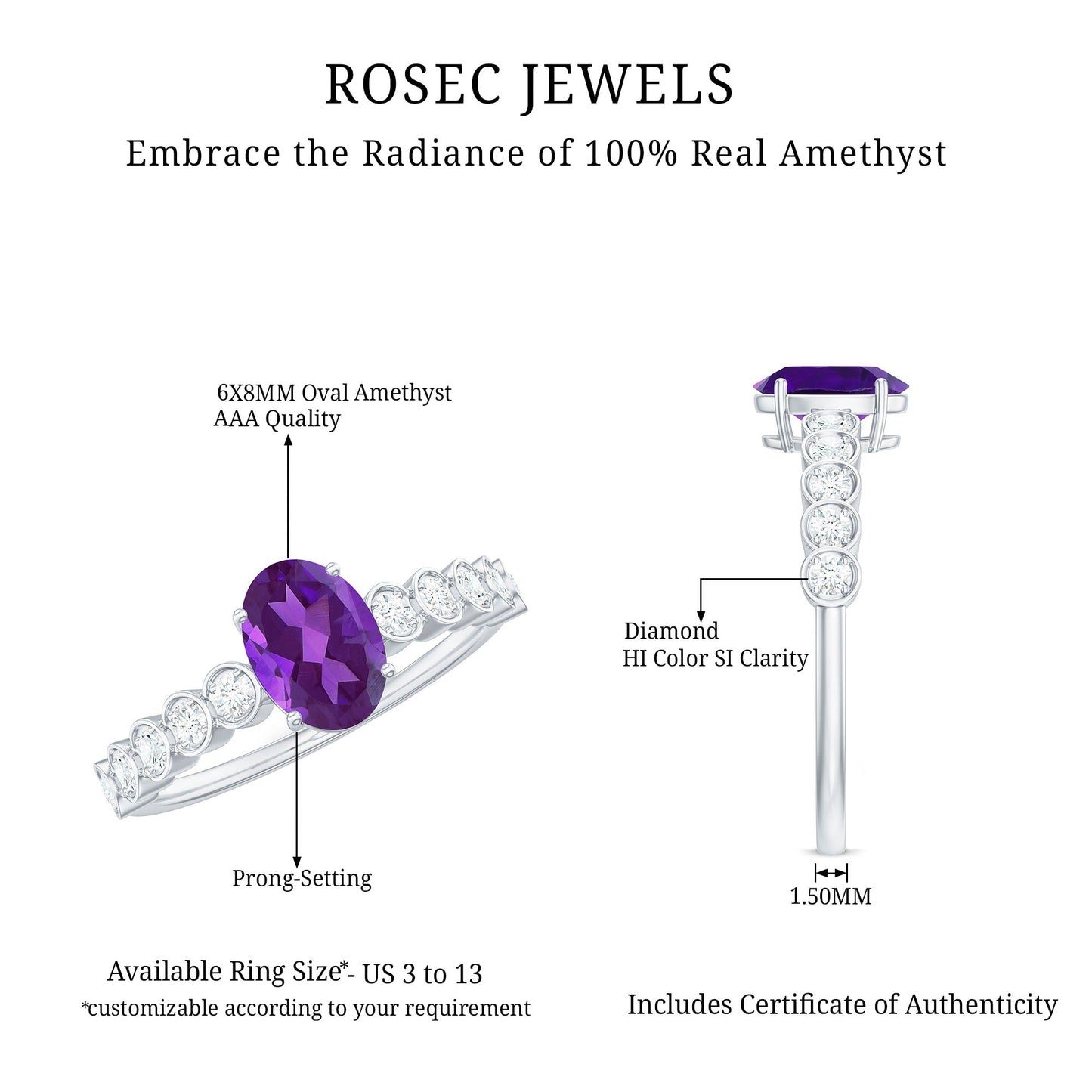 1 Carat Real Amethyst Oval Engagement Ring with Diamond