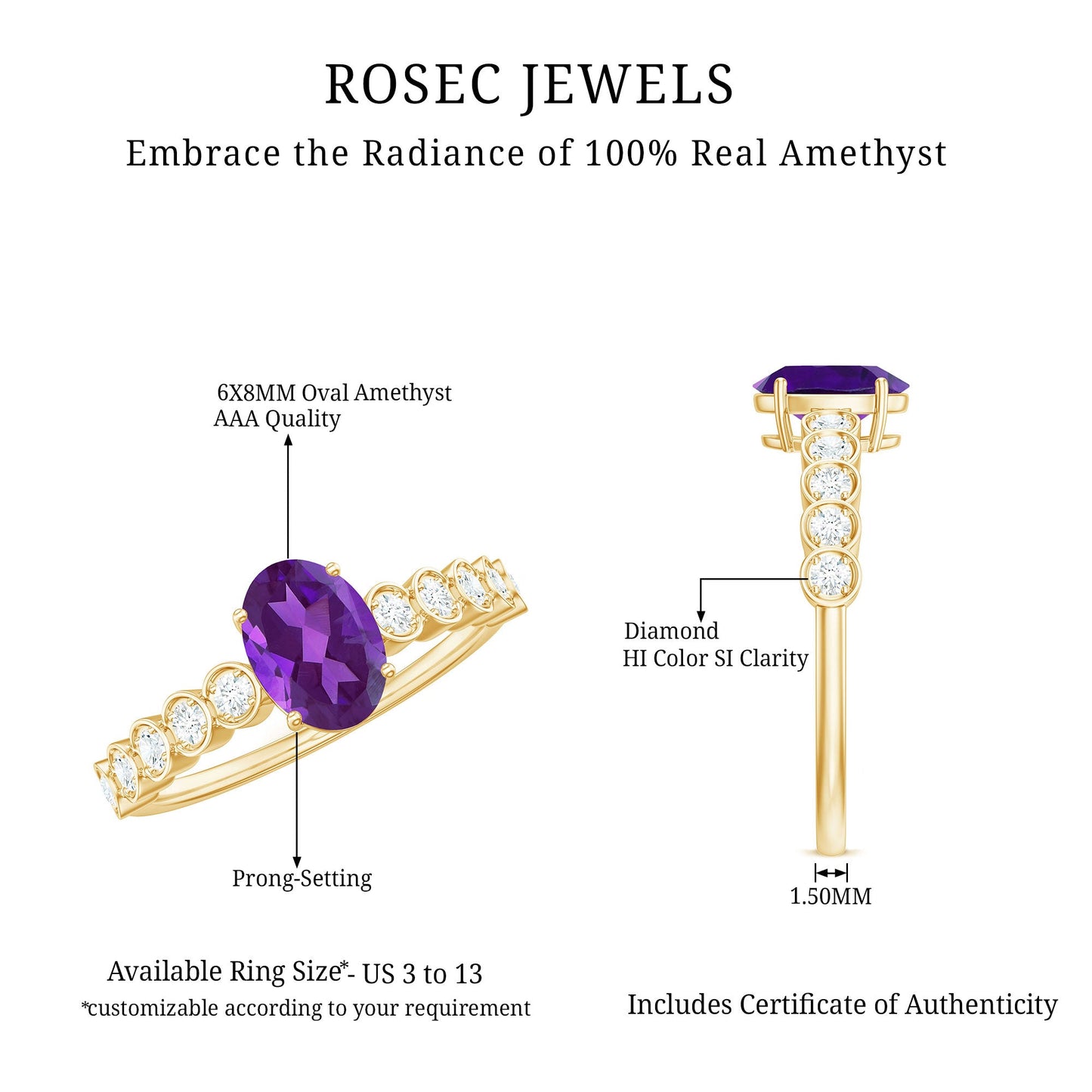 1 Carat Real Amethyst Oval Engagement Ring with Diamond