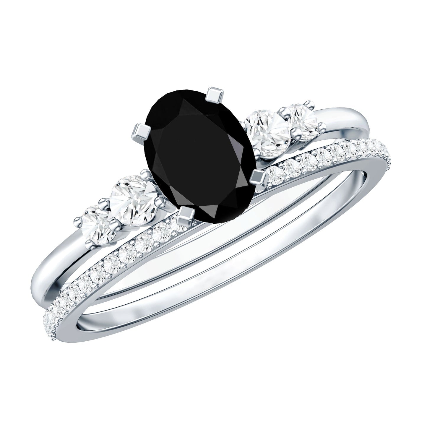 Certified Oval Lab Grown Black and White Diamond Wedding Engagement Ring Set