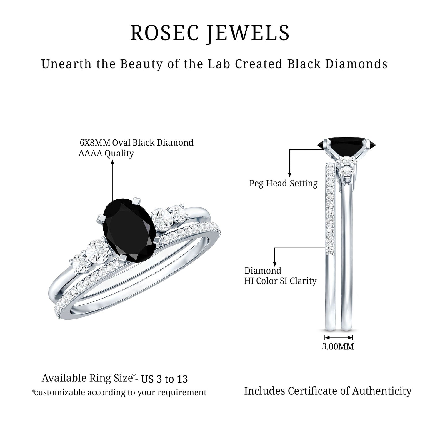Certified Oval Lab Grown Black and White Diamond Wedding Engagement Ring Set