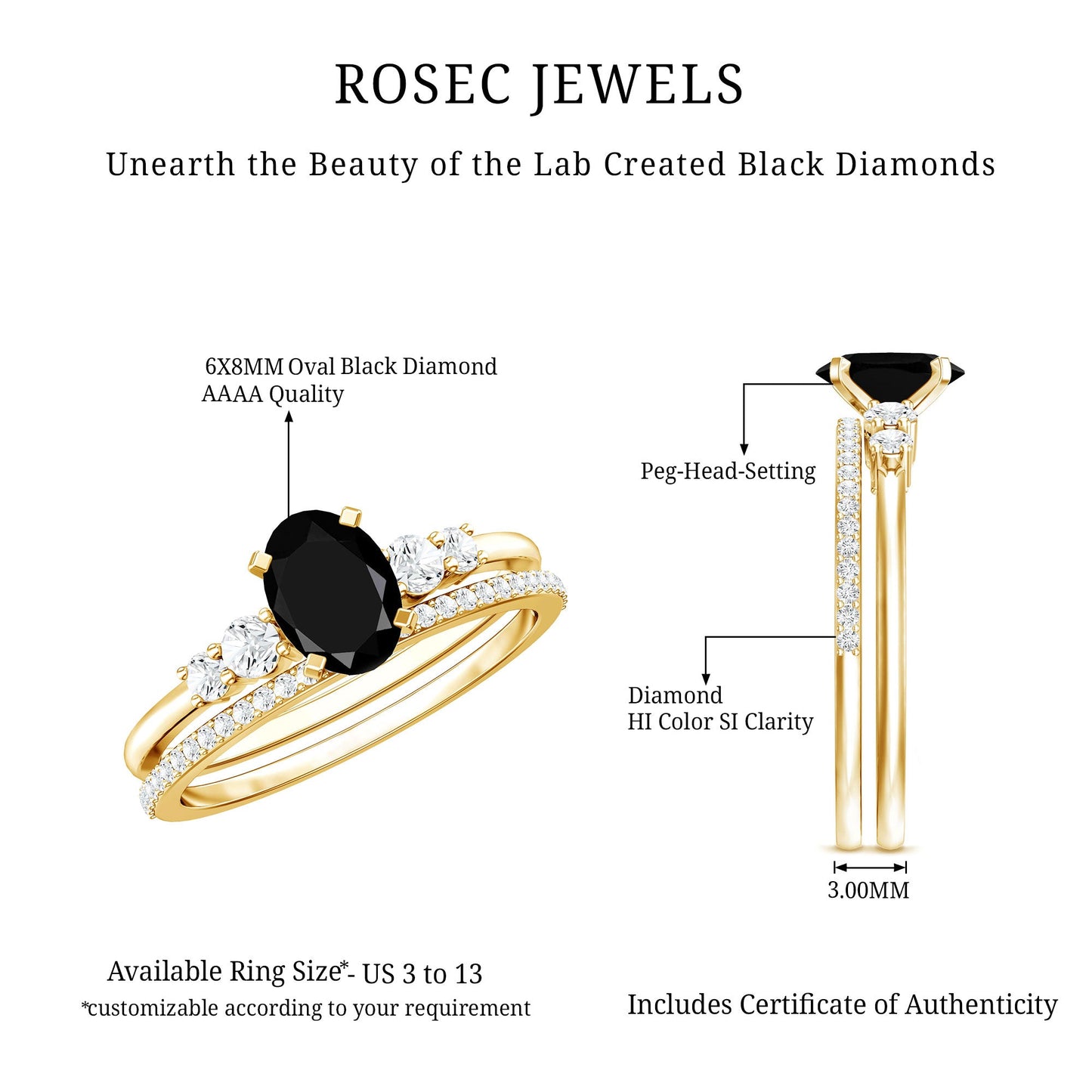 Certified Oval Lab Grown Black and White Diamond Wedding Engagement Ring Set