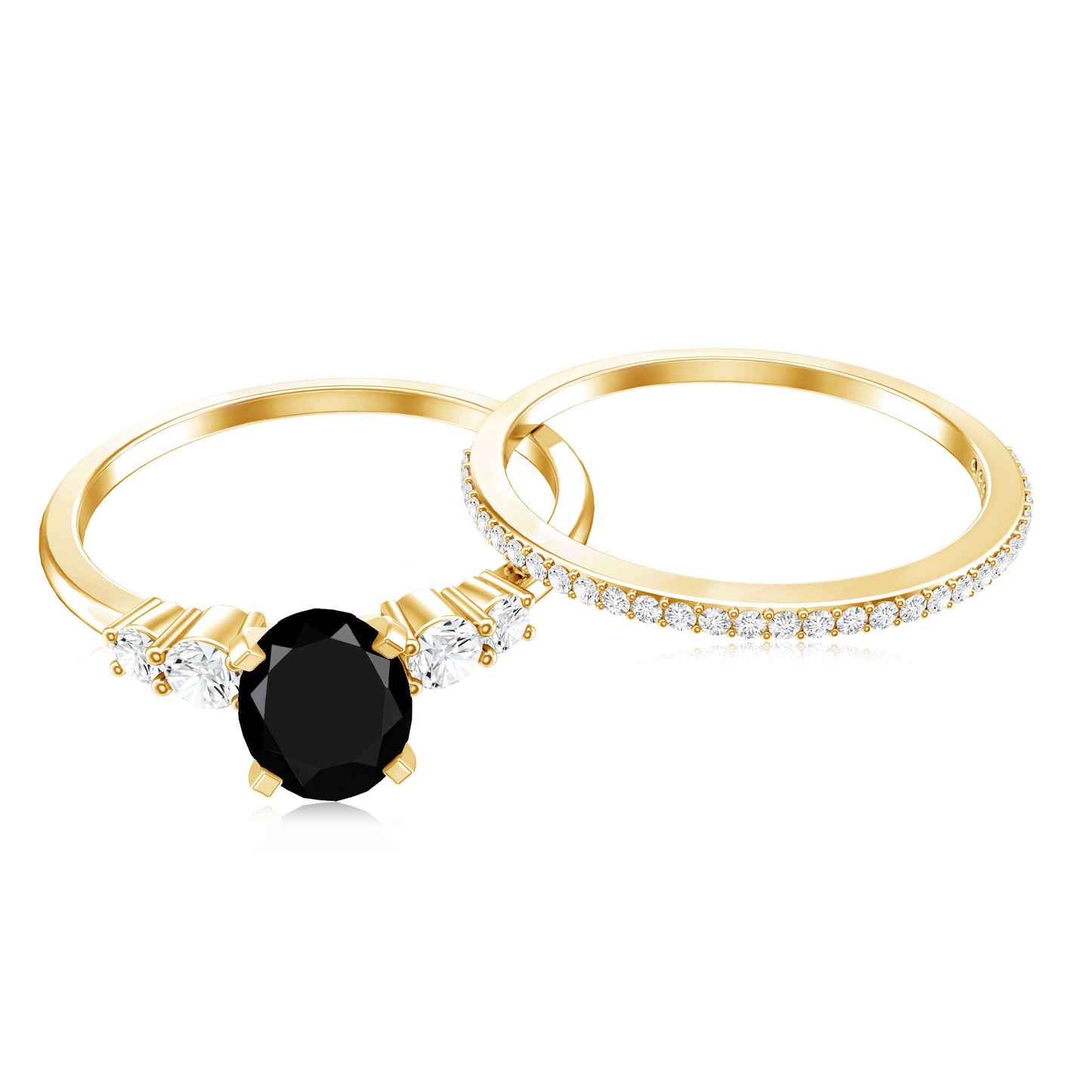 Certified Oval Lab Grown Black and White Diamond Wedding Engagement Ring Set