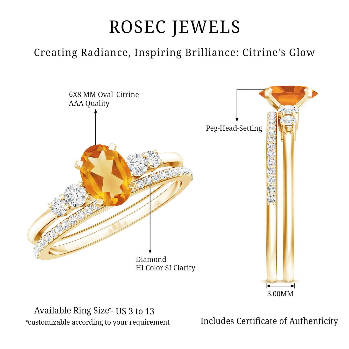 Natural 1 Carat Oval Citrine Diamond Wedding Bridal Ring Set of 2
