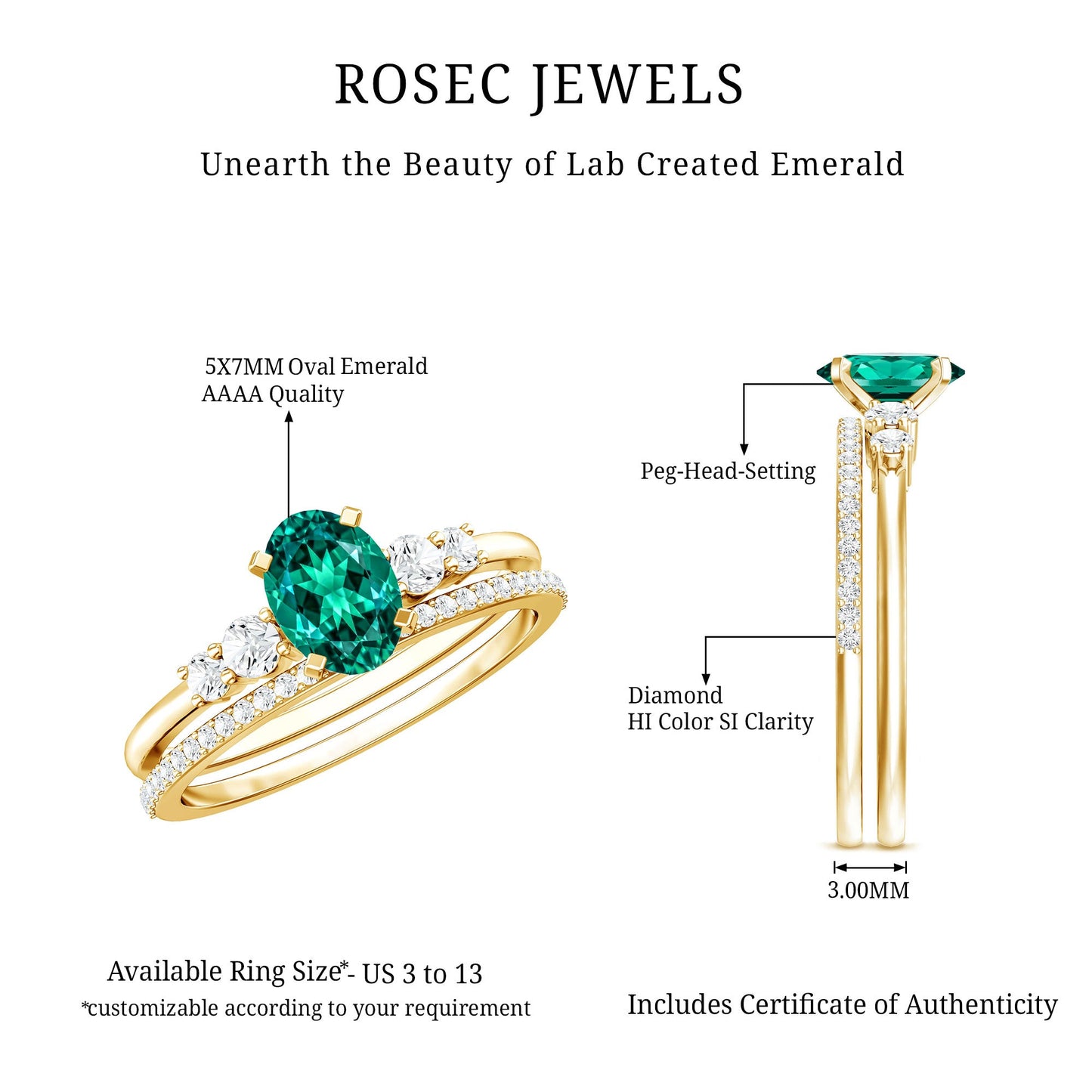 Certified Oval Lab Grown Emerald Diamond Engagement Ring Set
