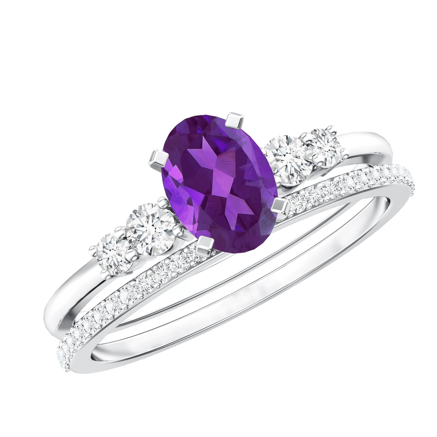 1 Carat Amethyst Diamond Oval Engagement Ring with Wedding Band