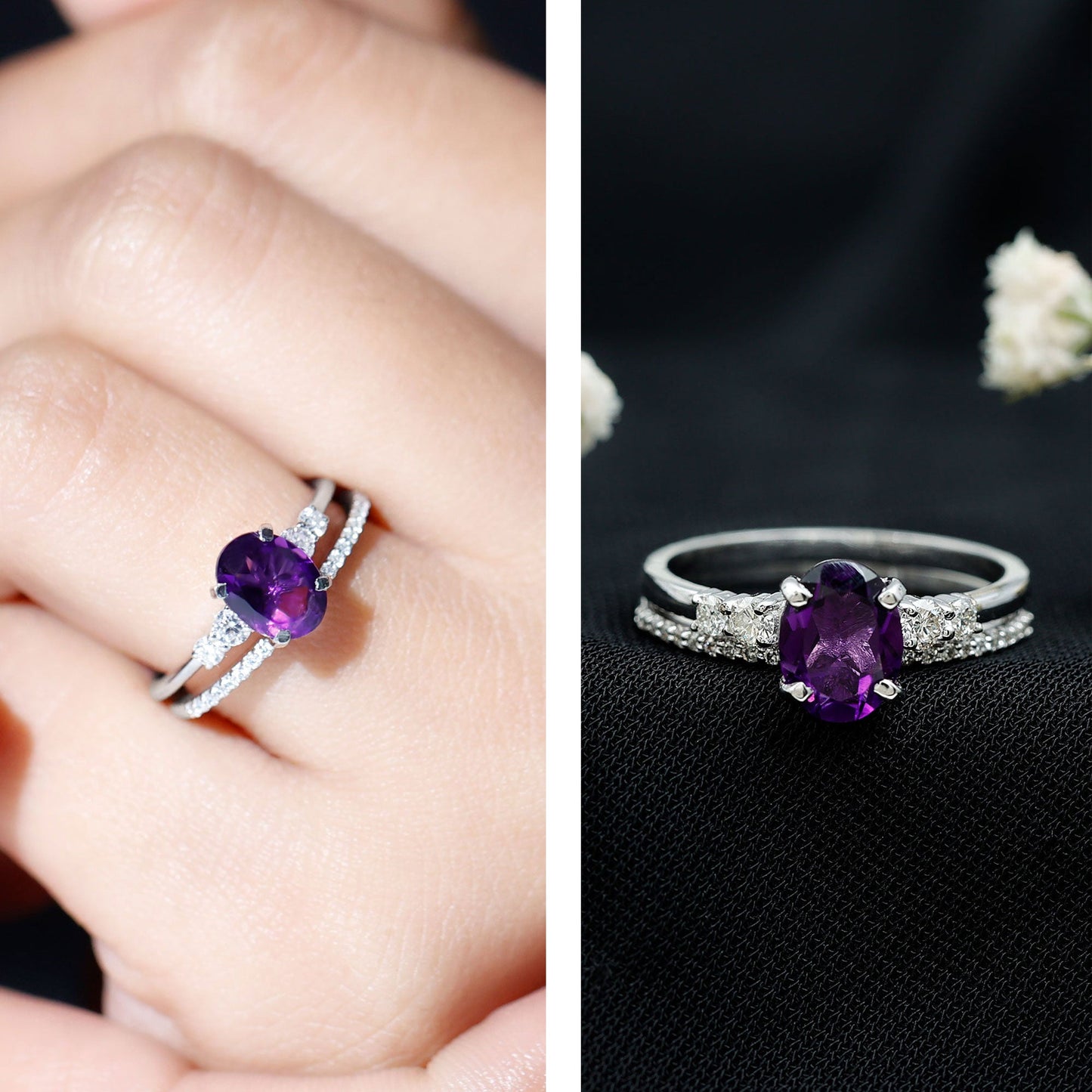 1 Carat Amethyst Diamond Oval Engagement Ring with Wedding Band