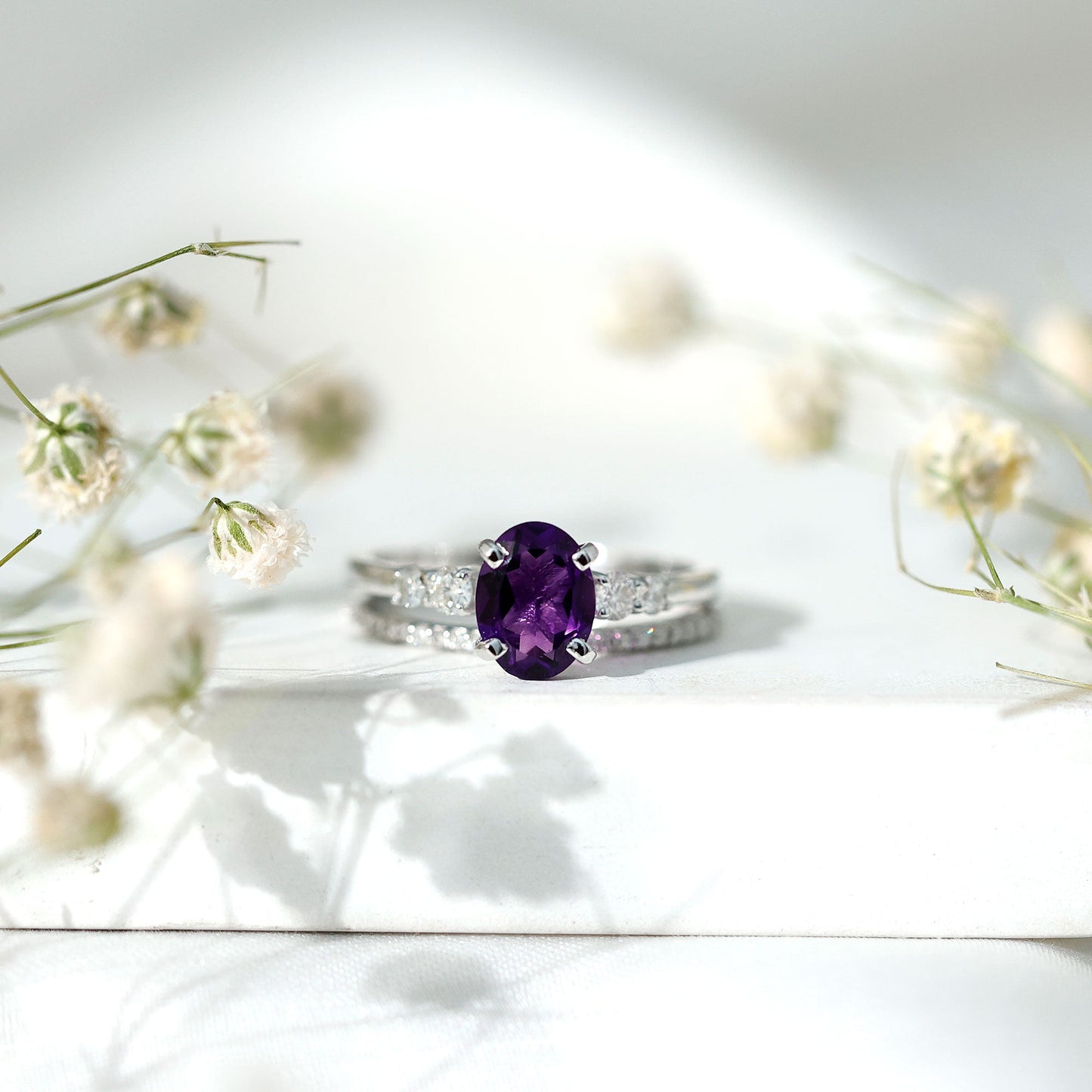 1 Carat Amethyst Diamond Oval Engagement Ring with Wedding Band