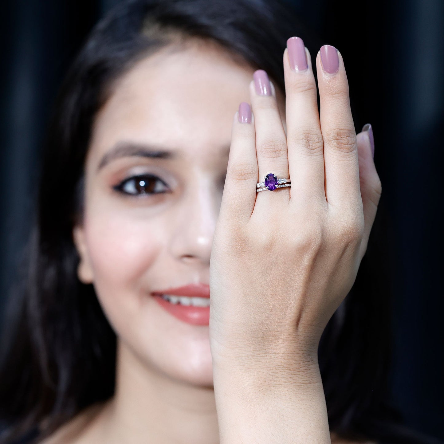 1 Carat Amethyst Diamond Oval Engagement Ring with Wedding Band