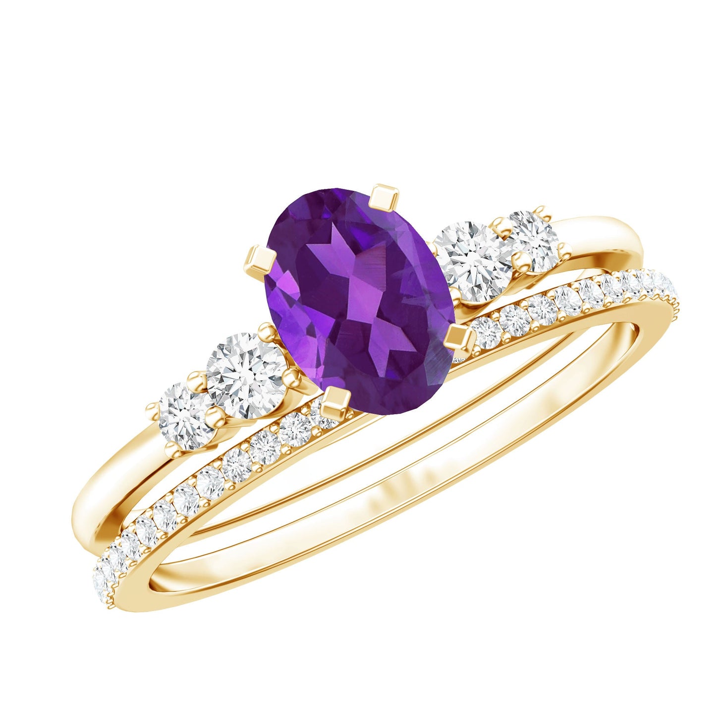 1 Carat Amethyst Diamond Oval Engagement Ring with Wedding Band