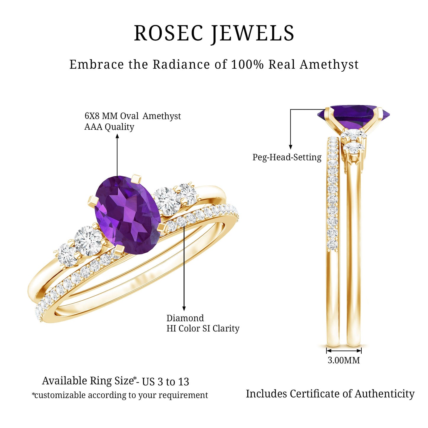 1 Carat Amethyst Diamond Oval Engagement Ring with Wedding Band