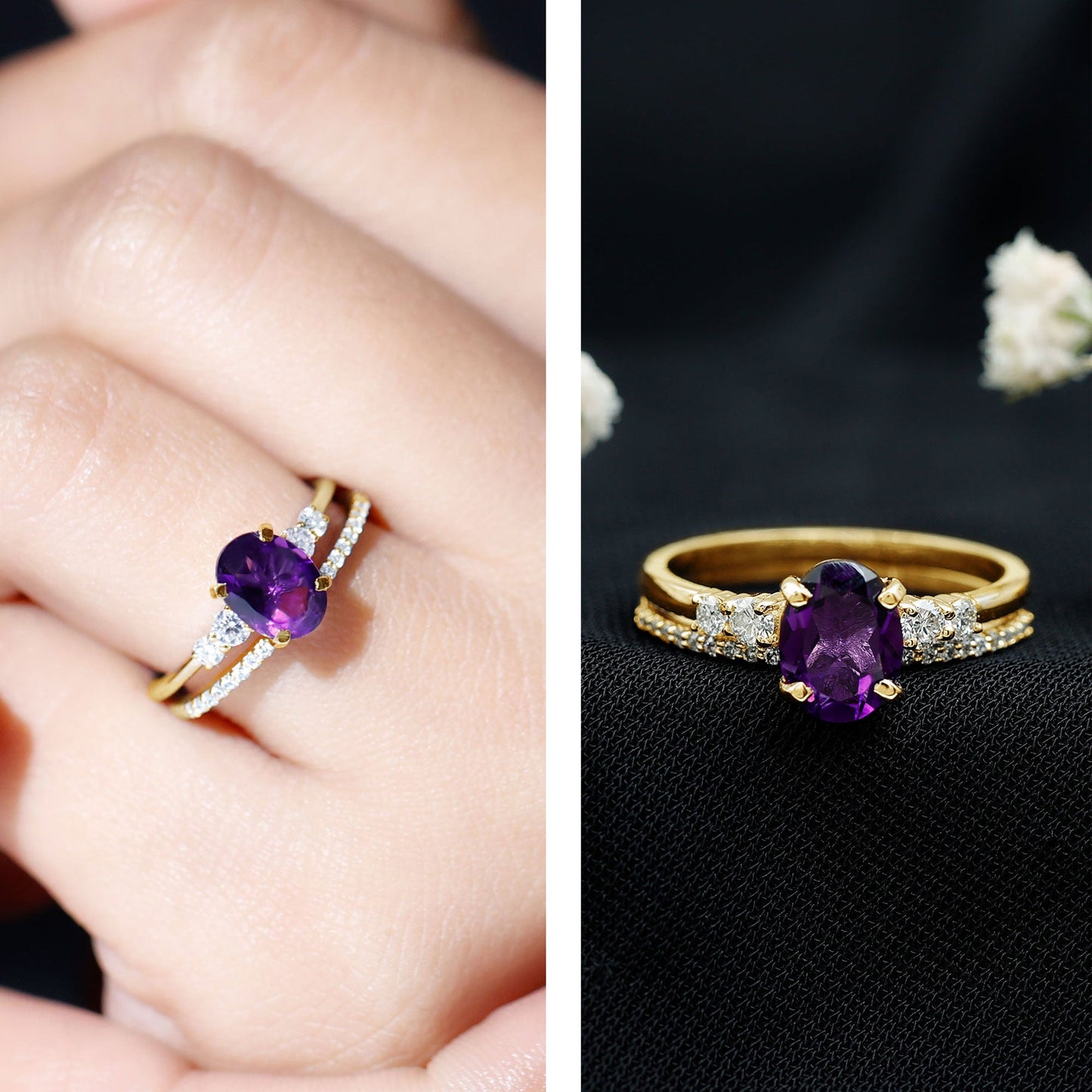 1 Carat Amethyst Diamond Oval Engagement Ring with Wedding Band