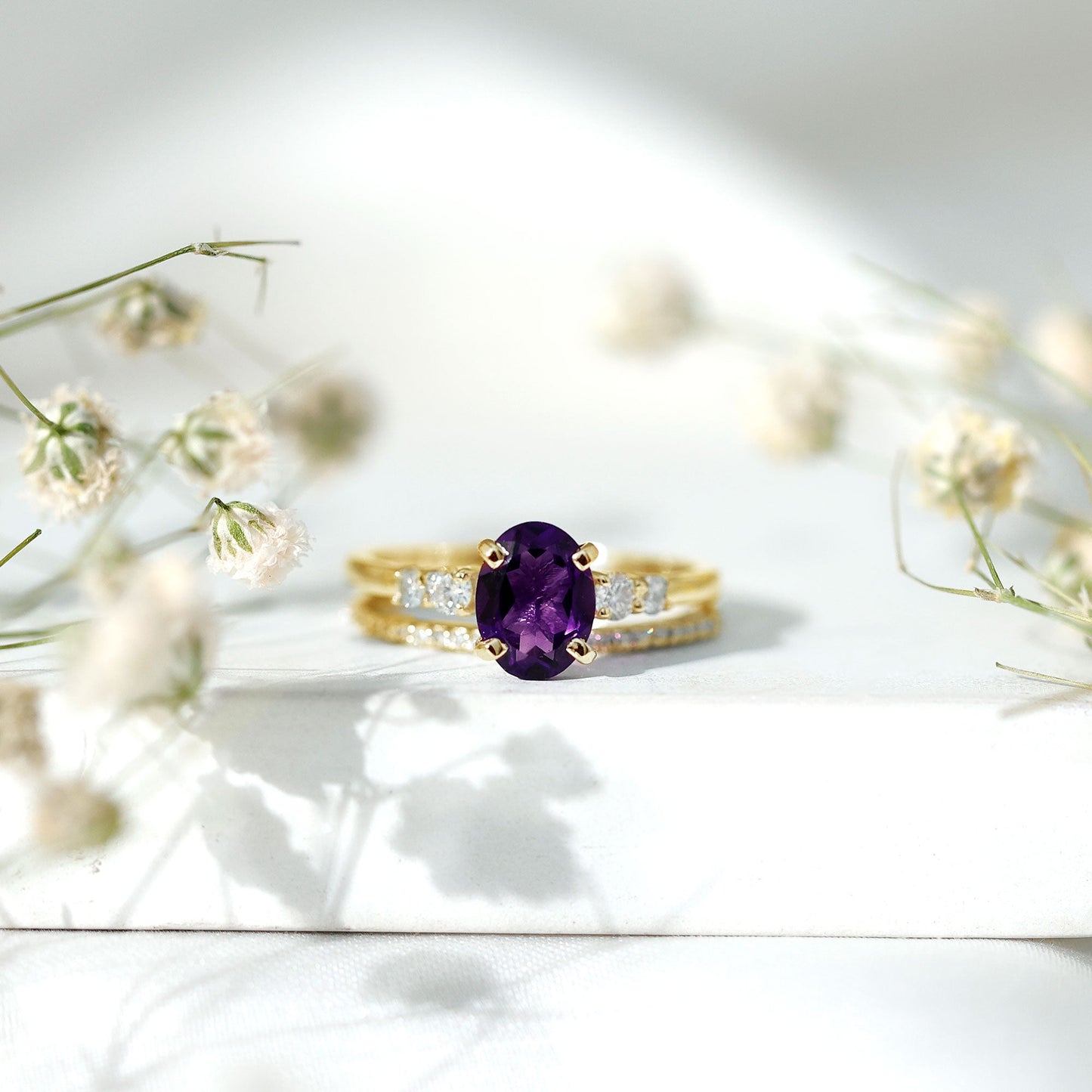 1 Carat Amethyst Diamond Oval Engagement Ring with Wedding Band