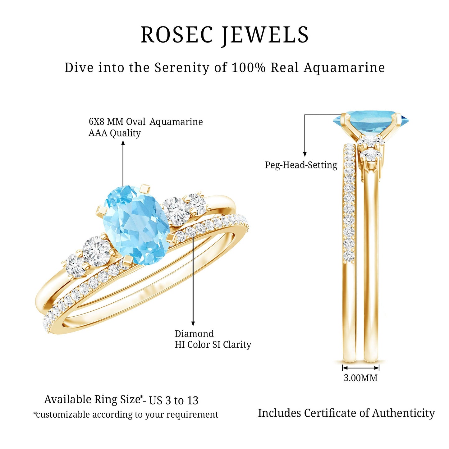 1 Carat Oval Shape Aquamarine Wedding Ring Set with Diamond