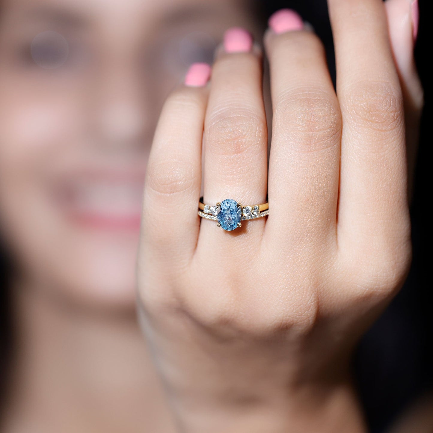 1 Carat Oval Shape Aquamarine Wedding Ring Set with Diamond