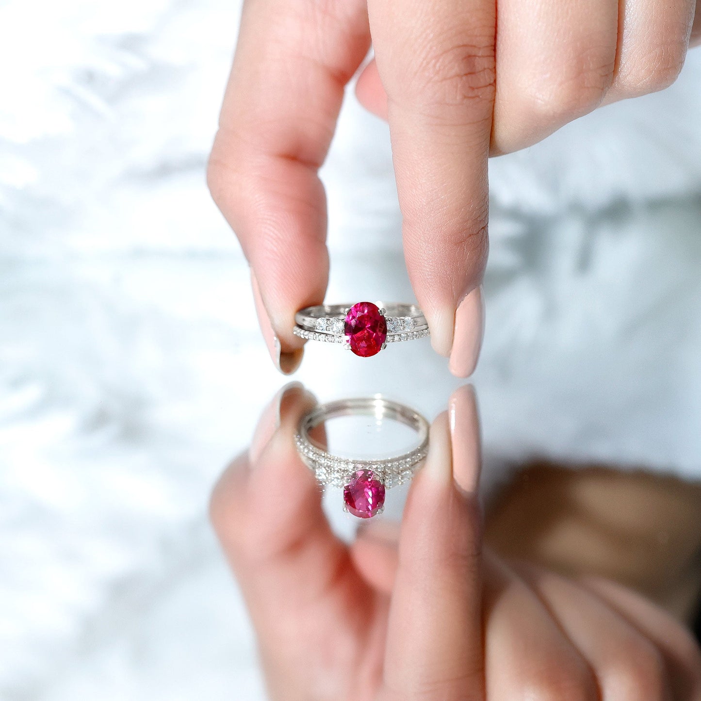 1.5 Carat Oval Lab Created Ruby Solitaire Bridal Ring Set with Diamond