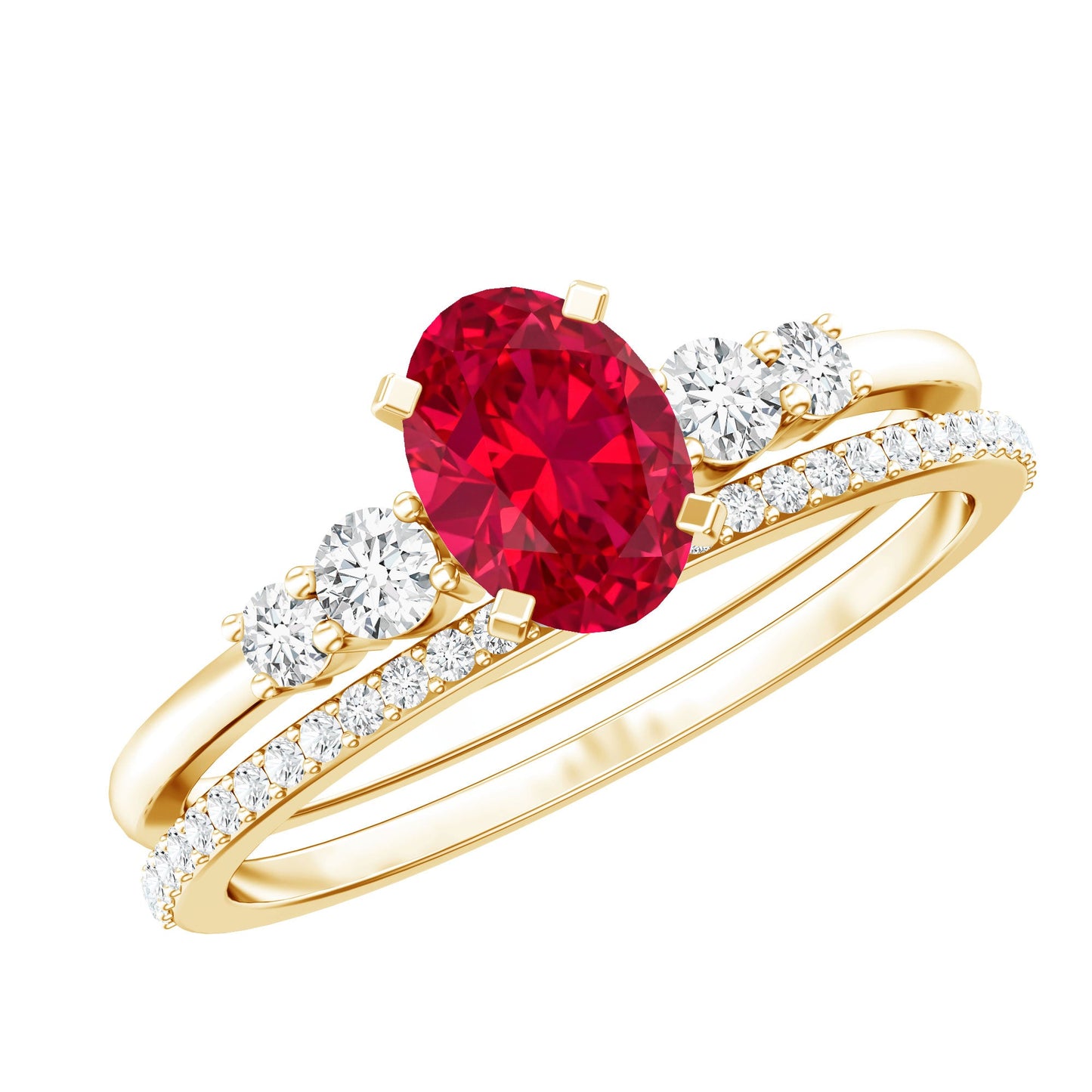 1.5 Carat Oval Lab Created Ruby Solitaire Bridal Ring Set with Diamond