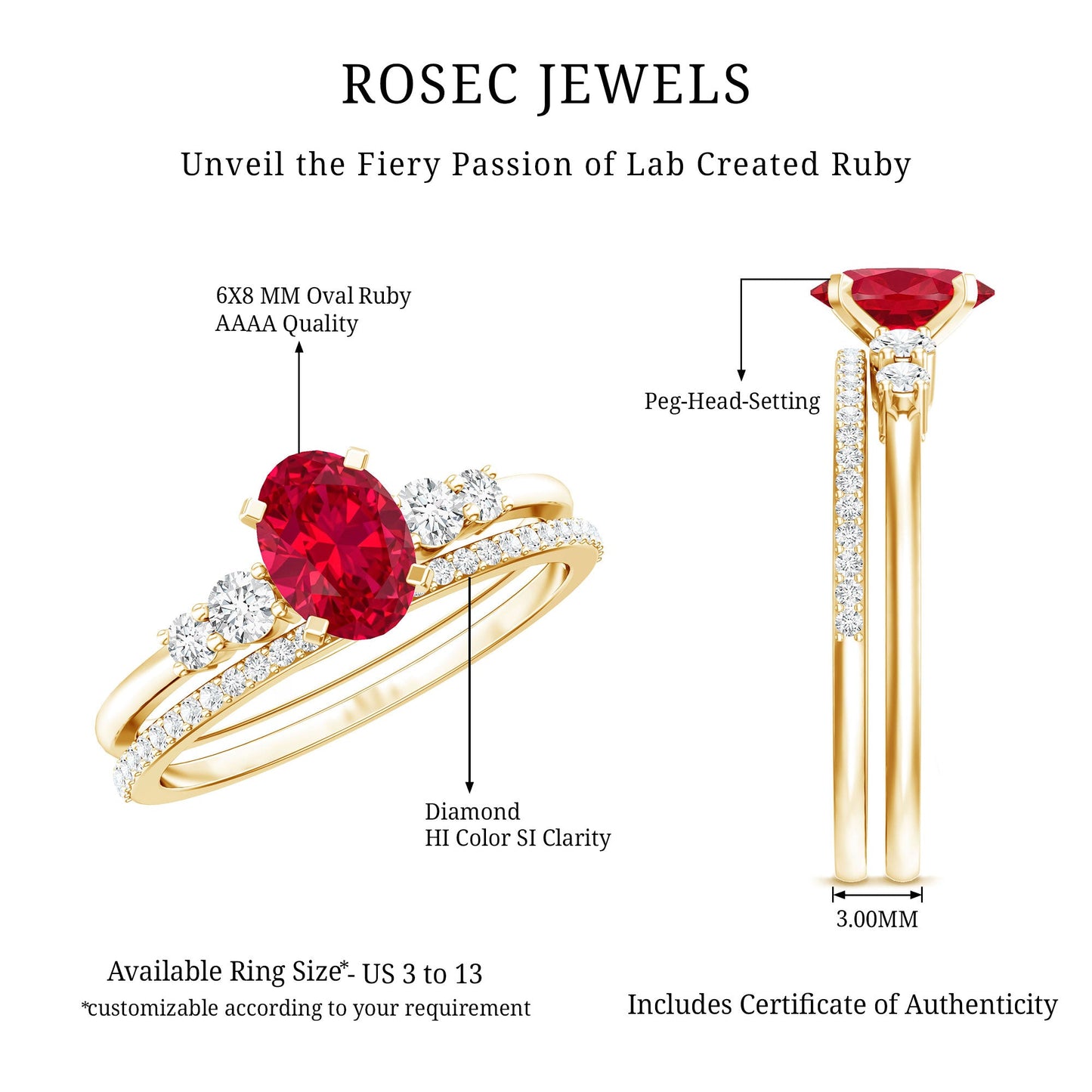 1.5 Carat Oval Lab Created Ruby Solitaire Bridal Ring Set with Diamond