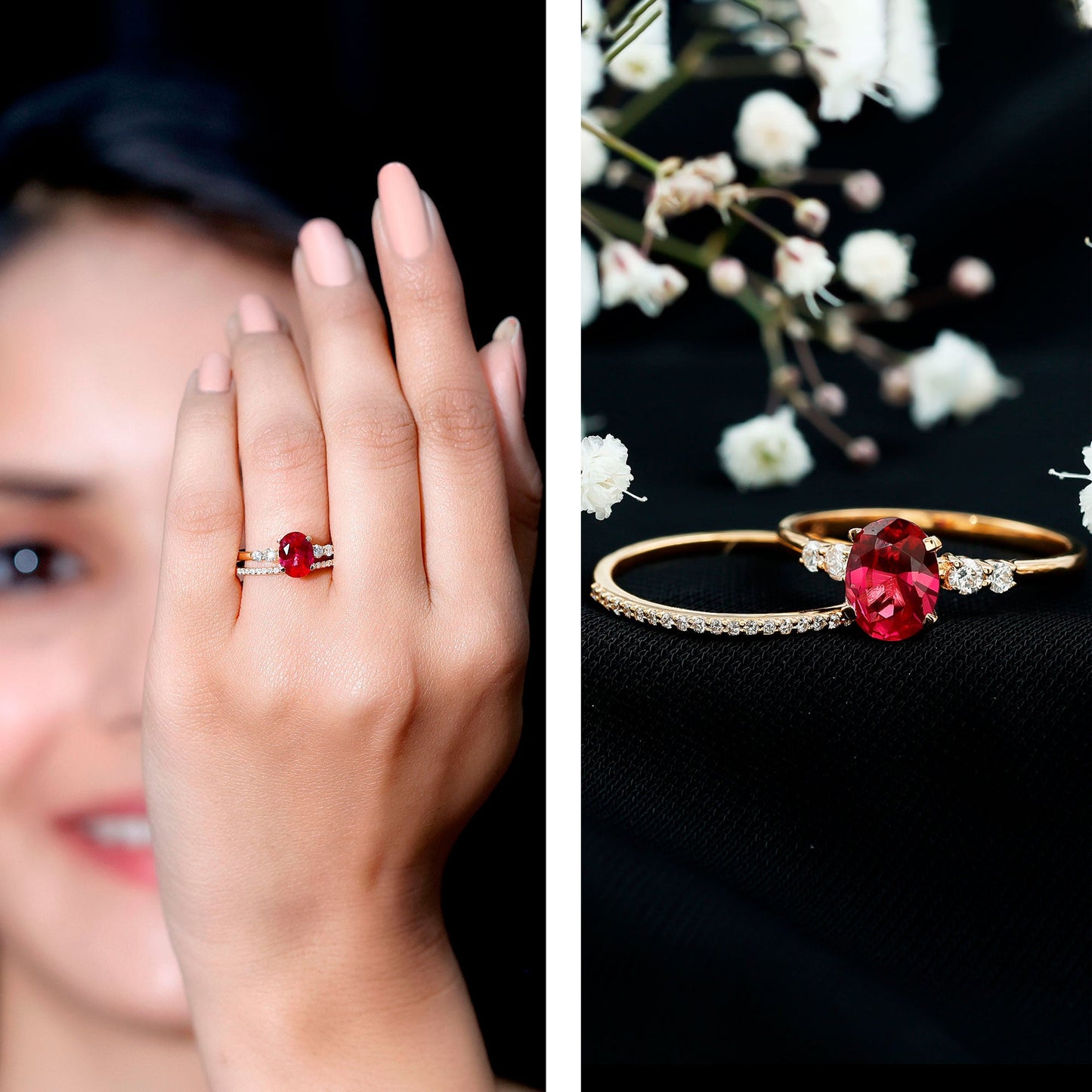 1.5 Carat Oval Lab Created Ruby Solitaire Bridal Ring Set with Diamond
