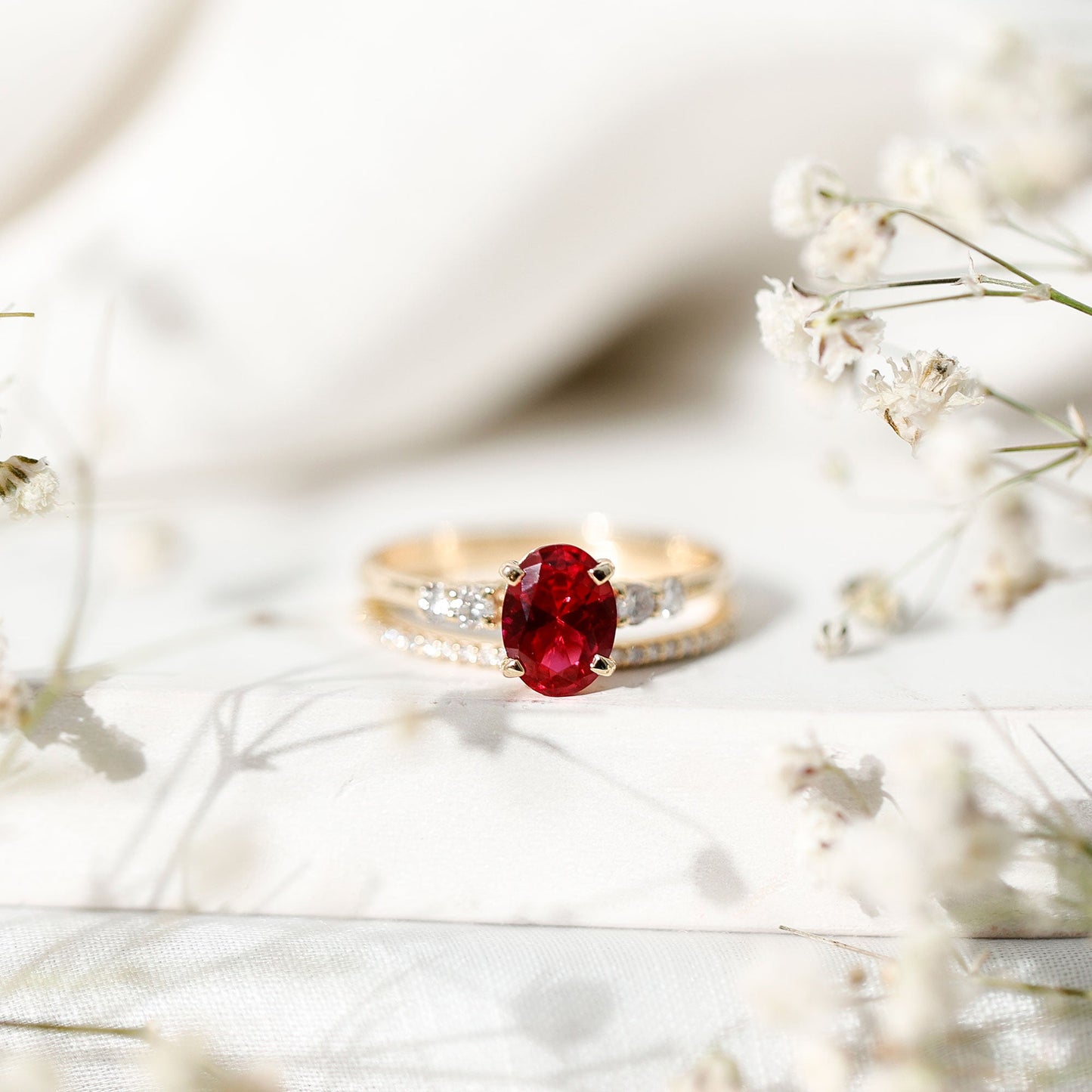 1.5 Carat Oval Lab Created Ruby Solitaire Bridal Ring Set with Diamond