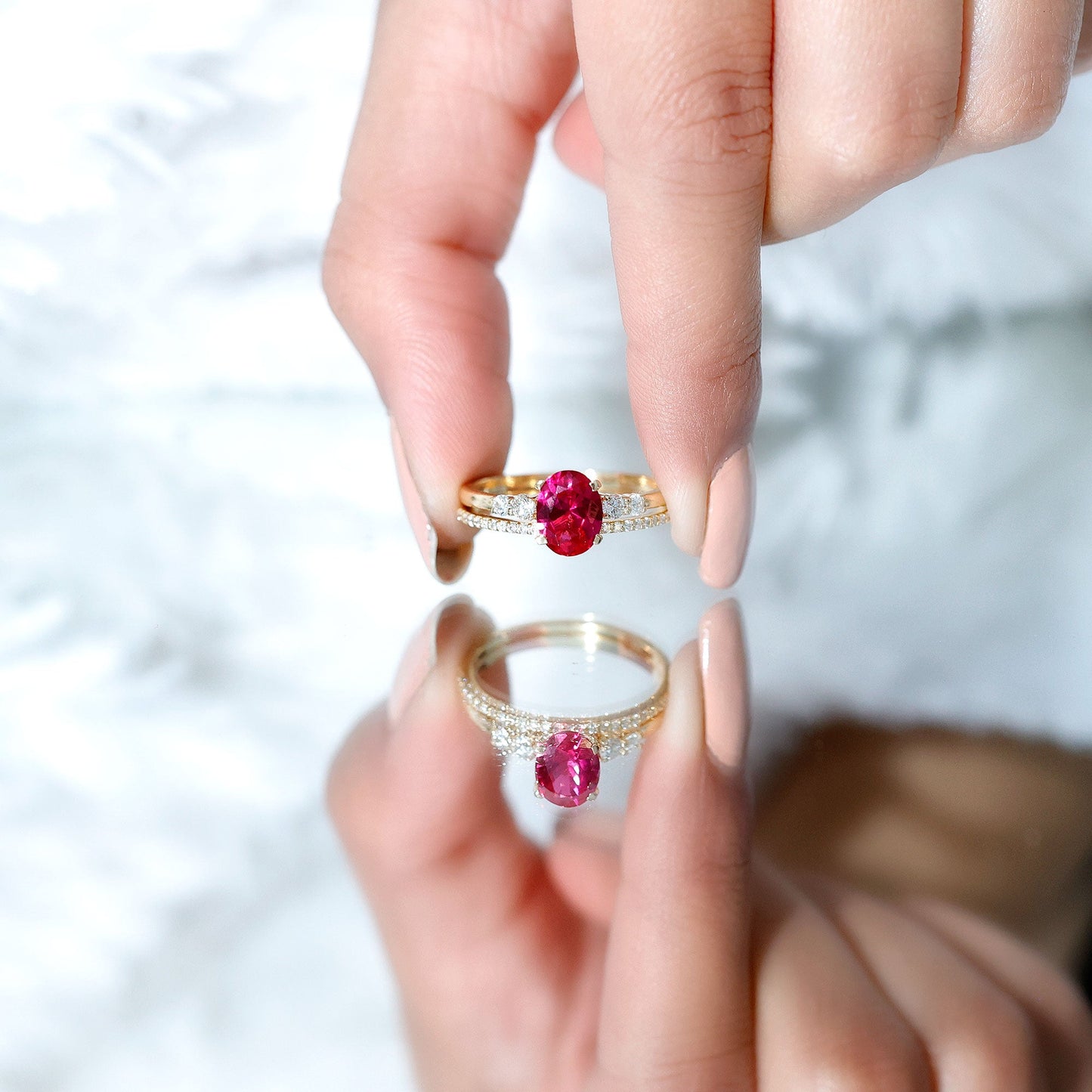 1.5 Carat Oval Lab Created Ruby Solitaire Bridal Ring Set with Diamond