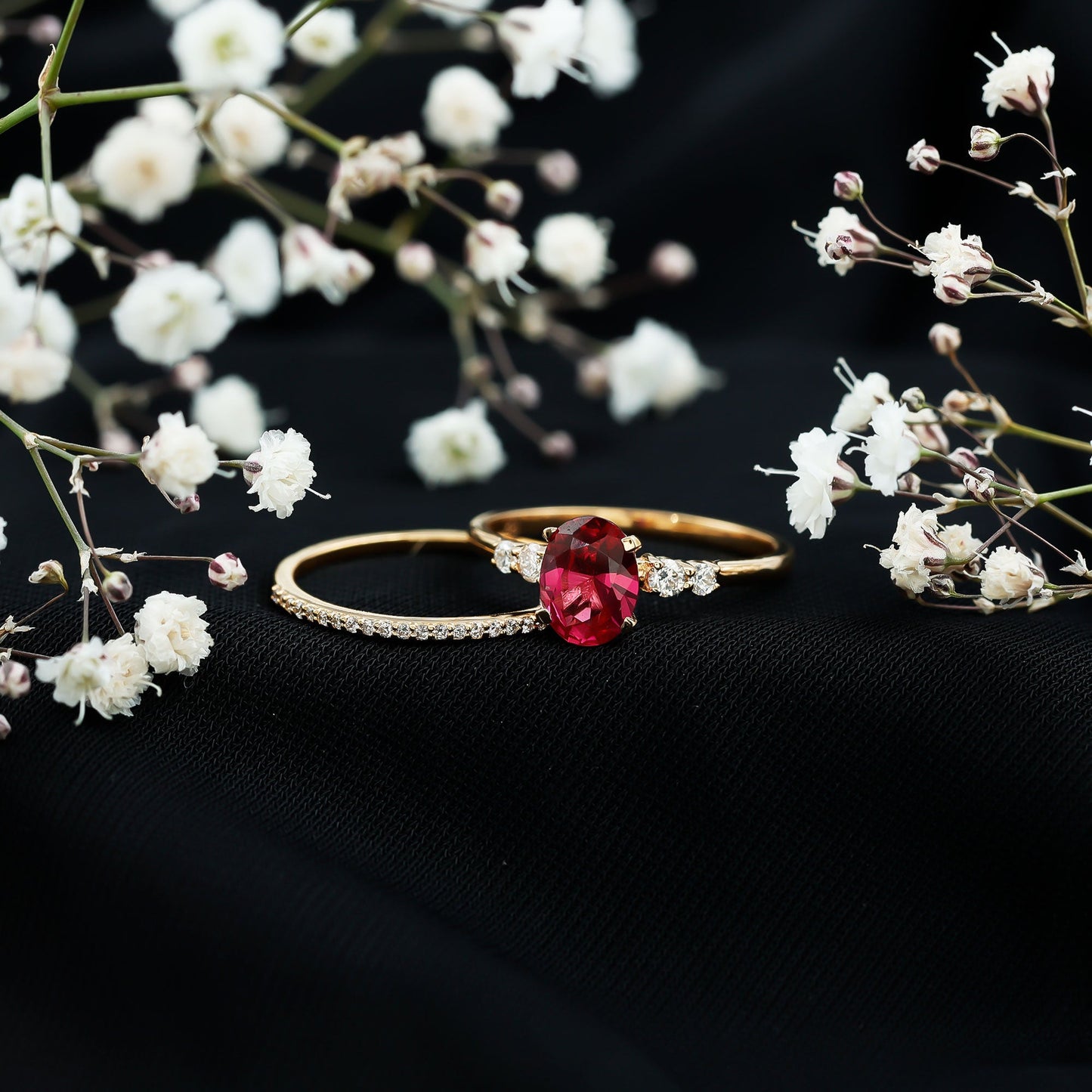 1.5 Carat Oval Lab Created Ruby Solitaire Bridal Ring Set with Diamond