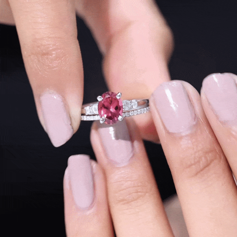 Oval Pink tourmaline Ring with Diamond Wedding Band