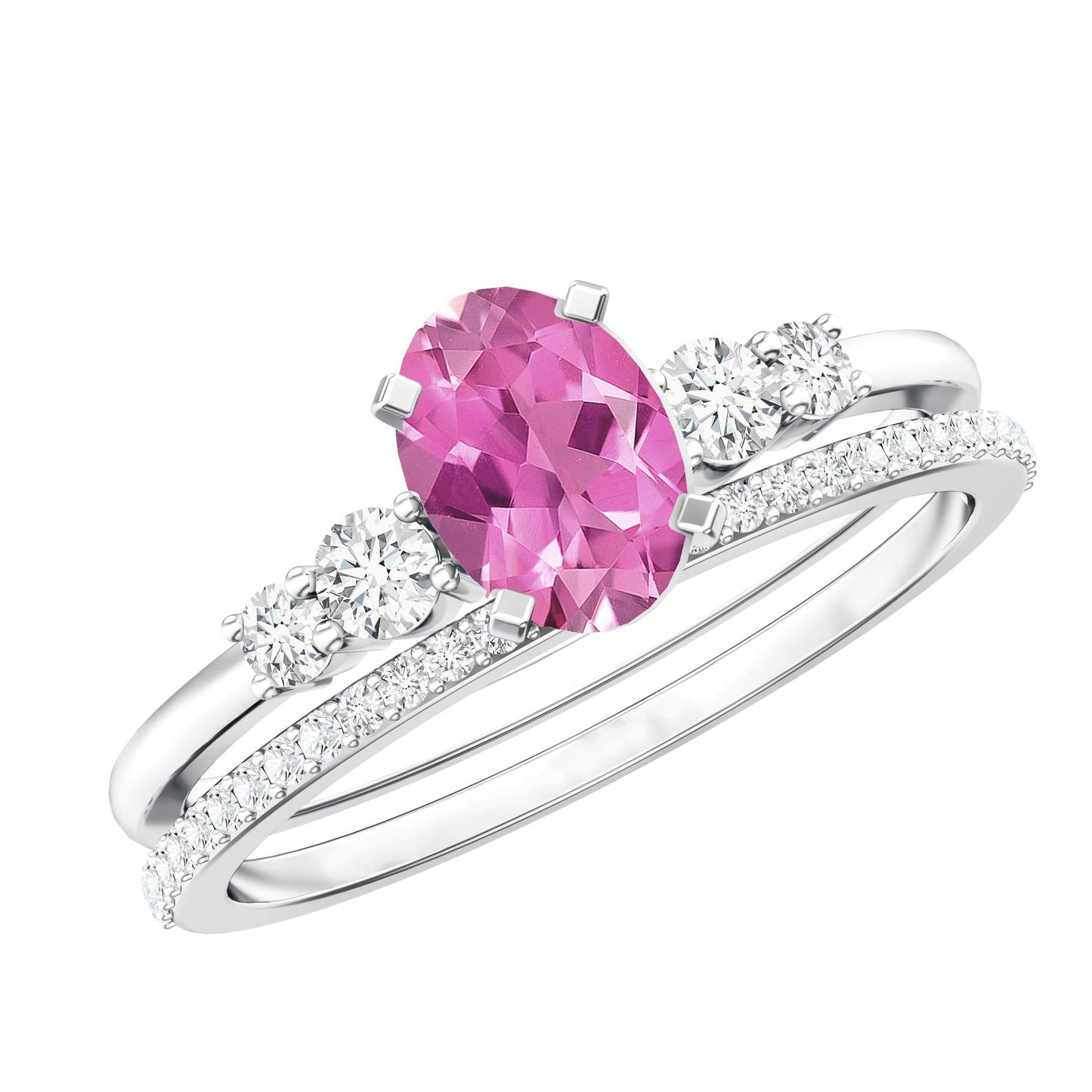 Oval Pink tourmaline Ring with Diamond Wedding Band